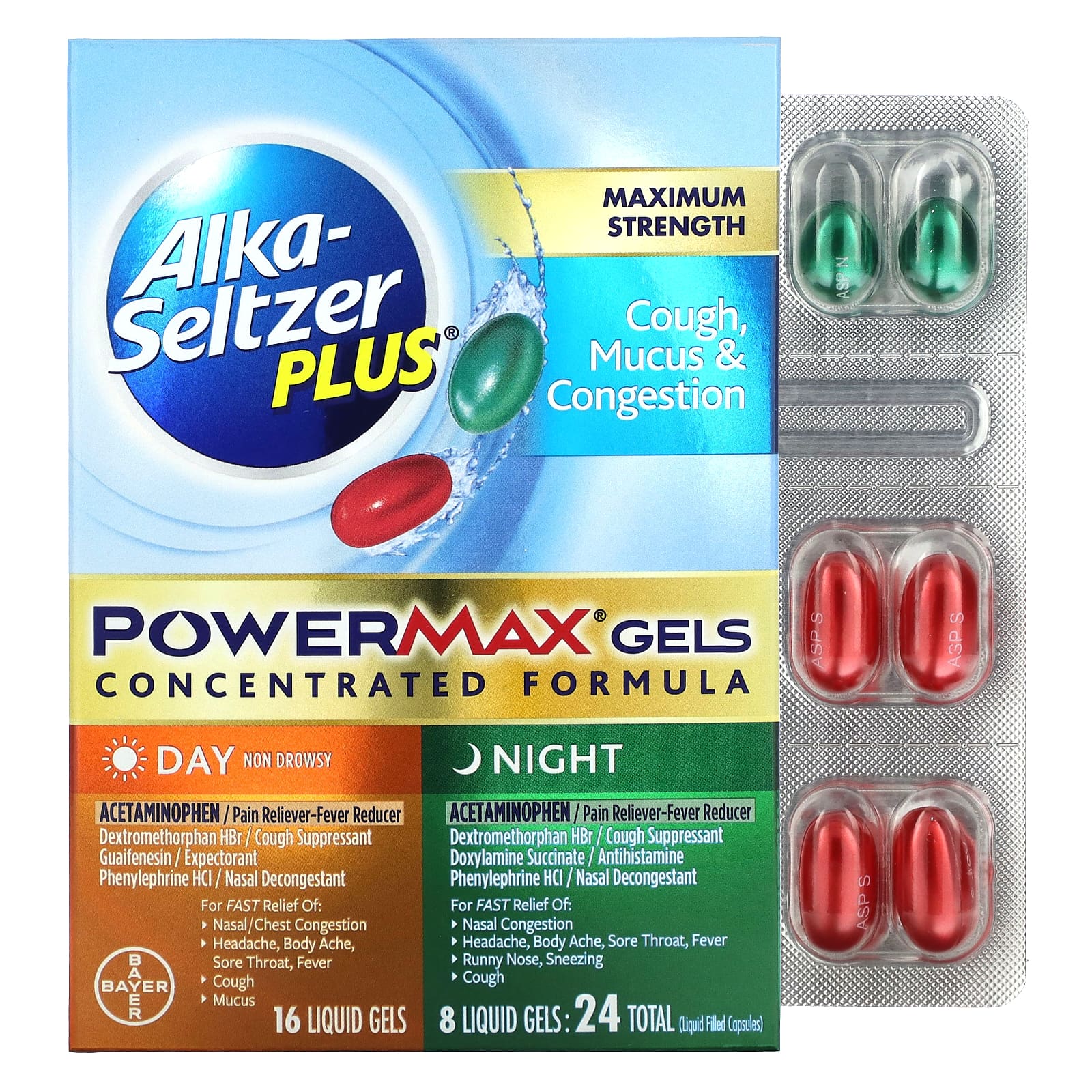 Alka-Seltzer Plus, Cough Mucus & Congestion PowerMax Gels, Maximum Strength, Day & Night, 24 Liquid Gels - B087QS7RQ7