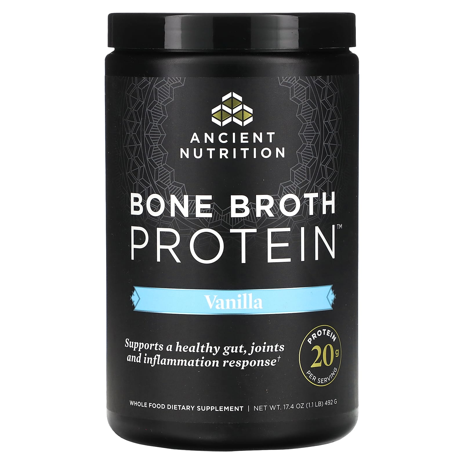 Ancient Nutrition, Bone Broth Protein, Vanilla, 1.1 lbs (492 g) - B01DOD6T8Q