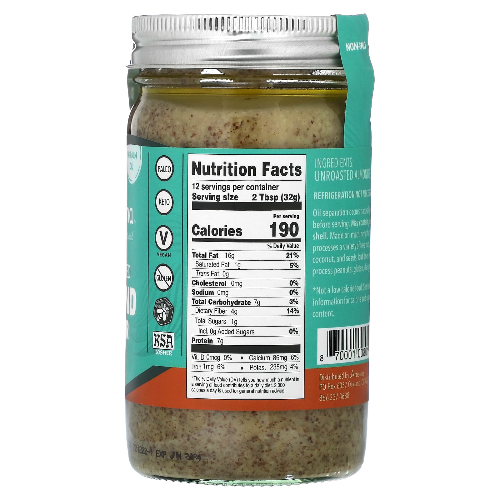 Artisana, Natural, Unroasted Almond Butter, 14 oz (397 g) - B093T7J42D