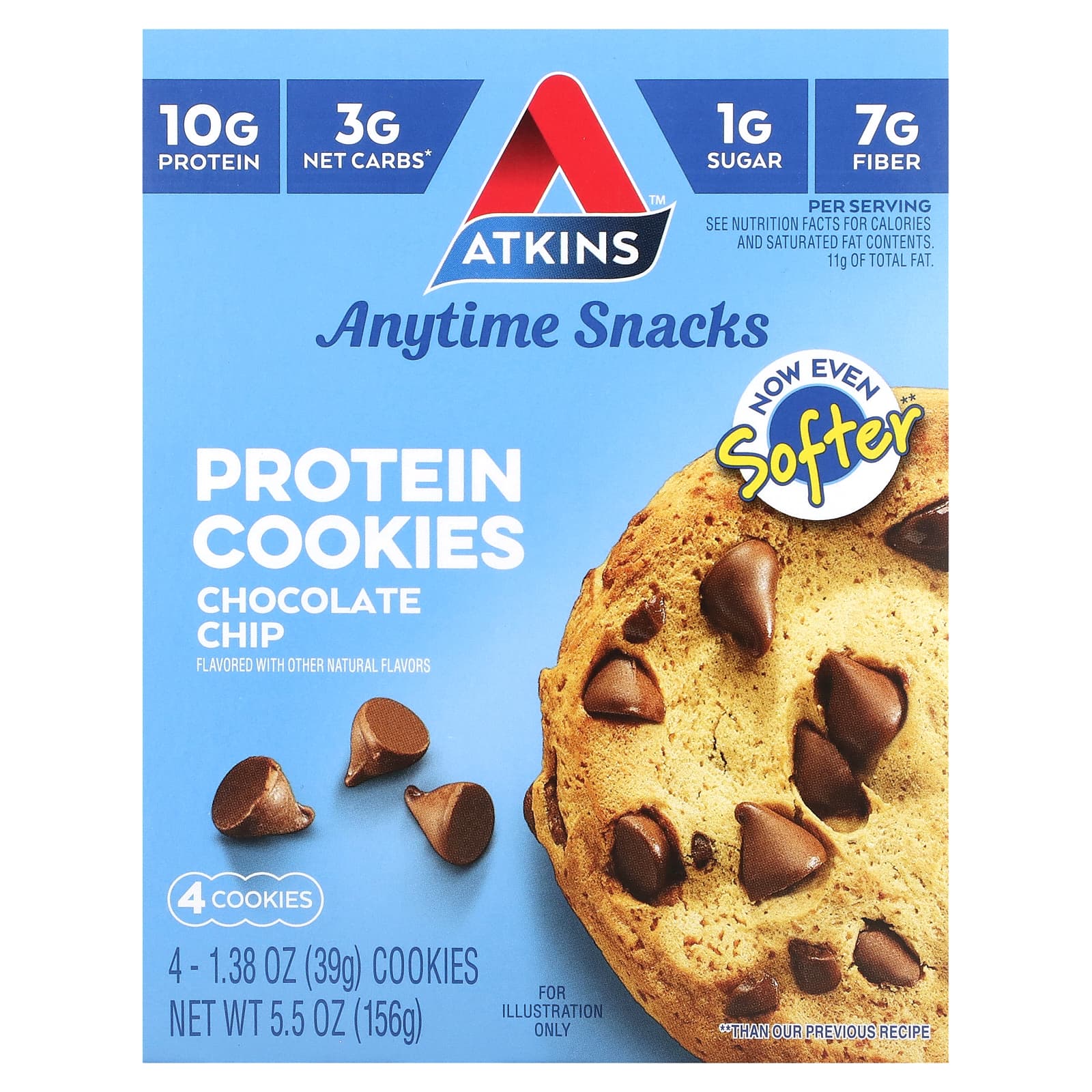 Atkins, Anytime Snacks, Protein Cookies, Chocolate Chip, 4 Cookies, 1.38 oz (39 g) Each - B08YKCKX76