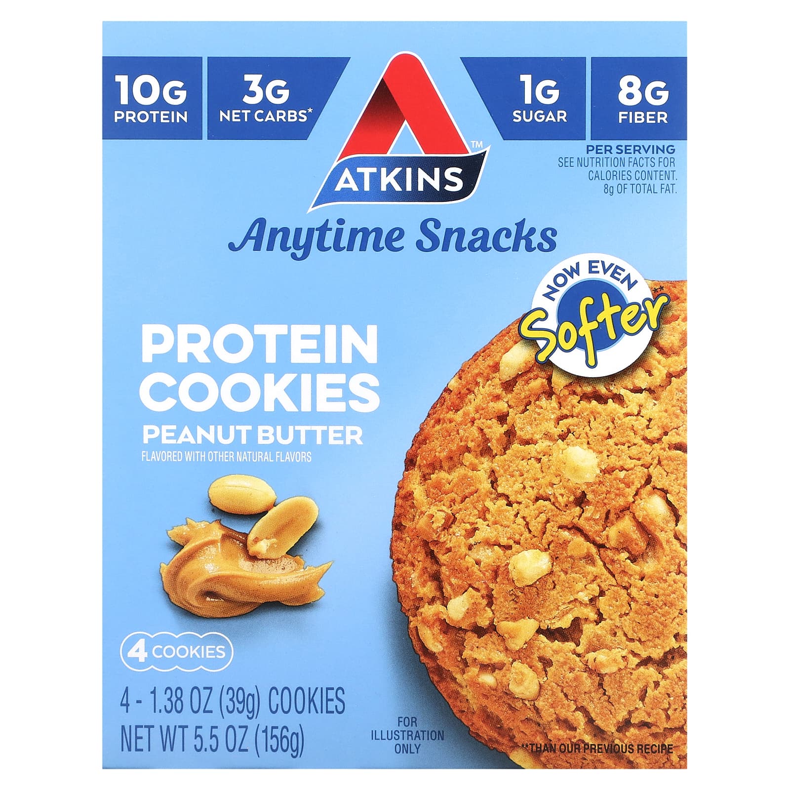 Atkins, Anytime Snacks, Protein Cookies, Peanut Butter, 4 Cookies, 1.38 oz (39 g) Each - B08YK2PLMM