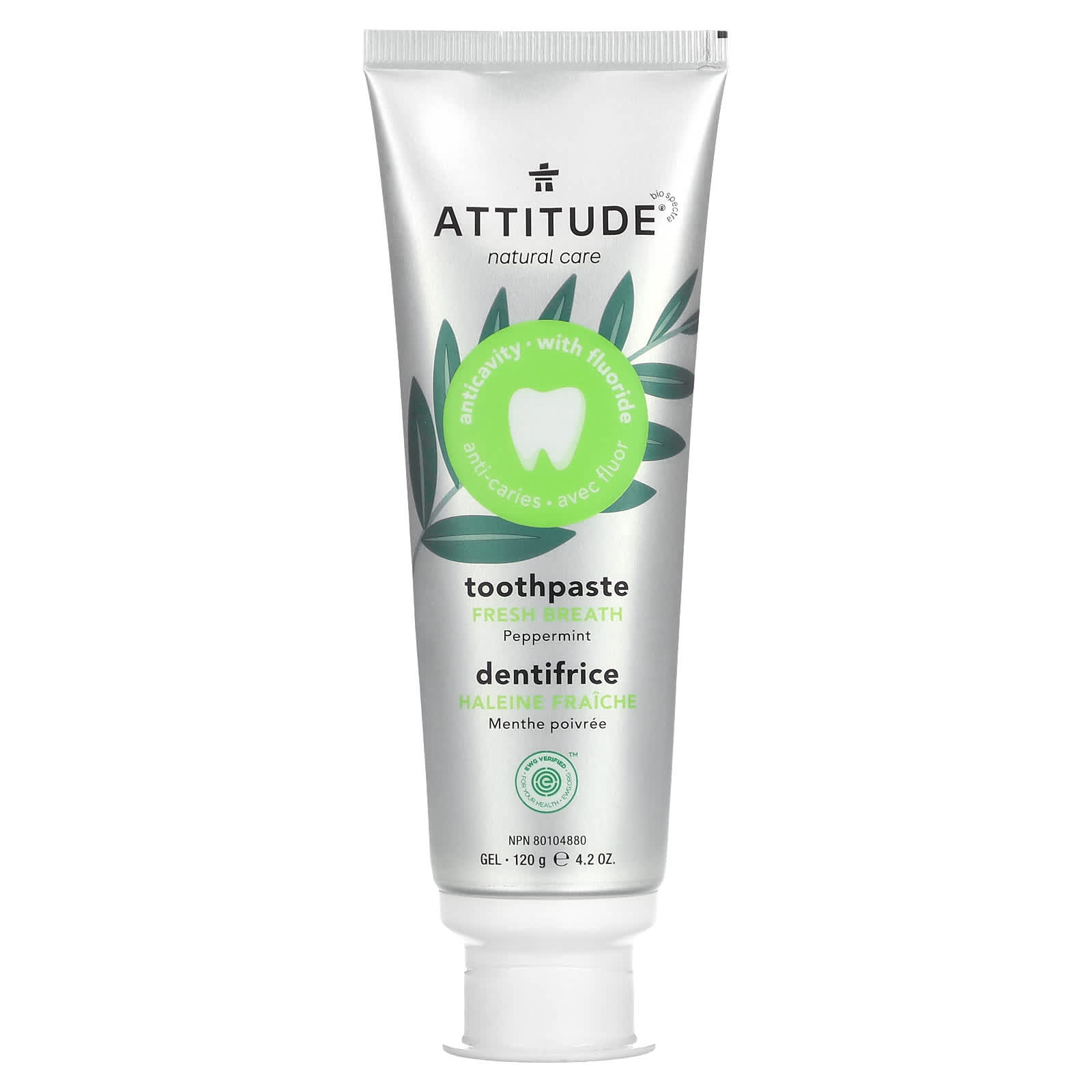 ATTITUDE, Fresh Breath Toothpaste Gel, Peppermint, 4.2 oz (120 g) - B091J6JHDD