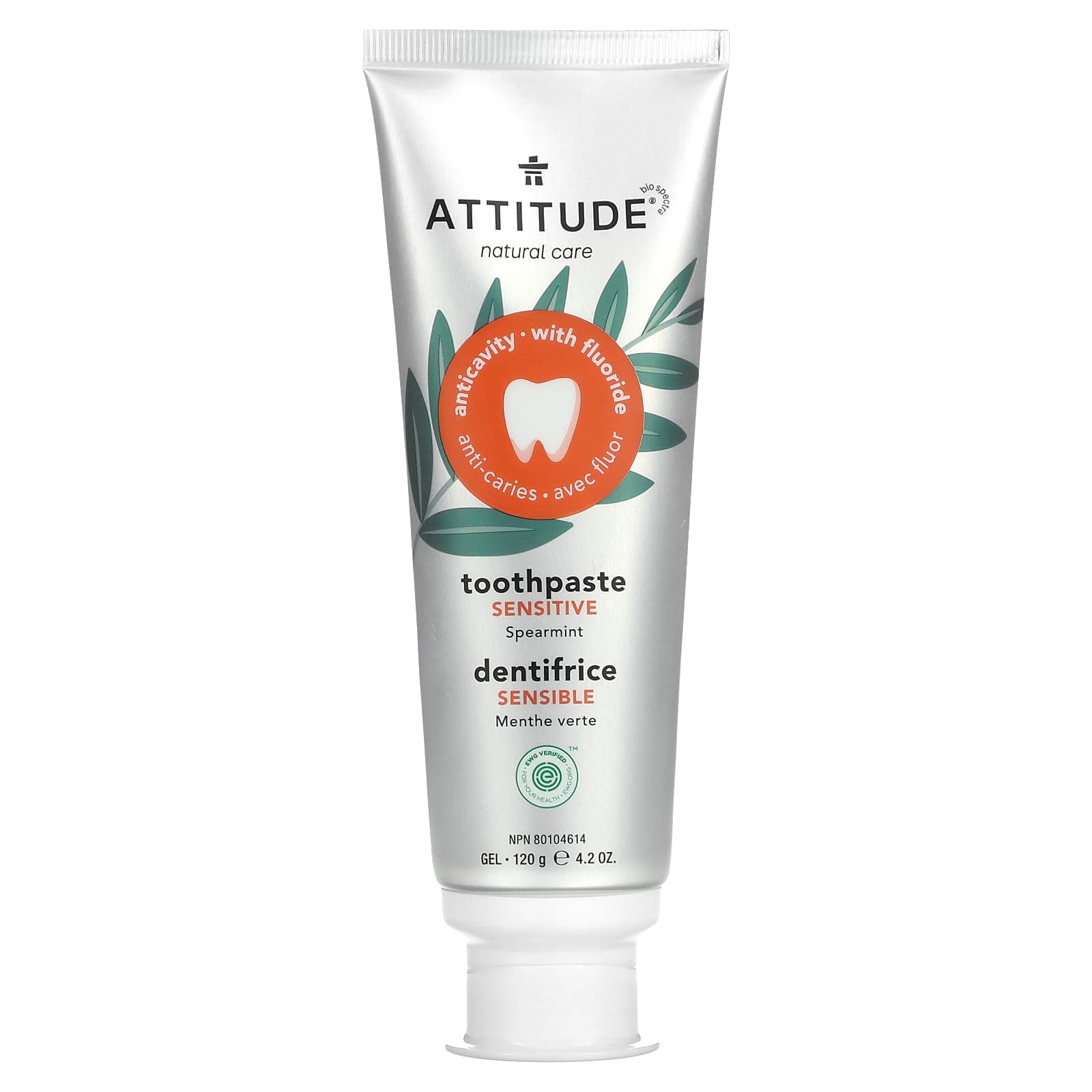 ATTITUDE, Sensitive Toothpaste Gel, Spearmint, 4.2 oz (120 g) - B0CW7F93DD