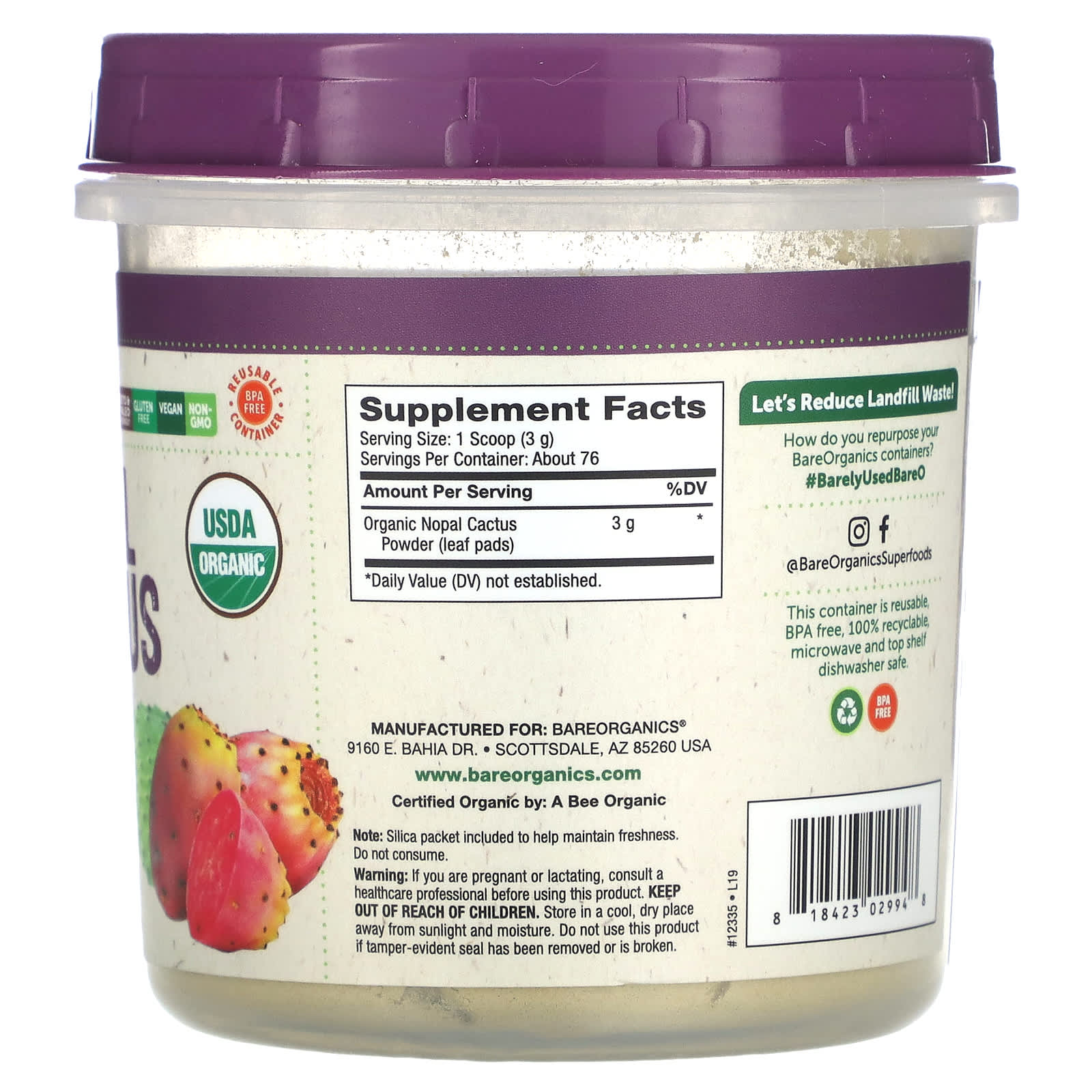 BareOrganics, Organic Nopal Cactus Powder, Desert Super Fruit, 8 oz (227 g) - B07JMSFFD8