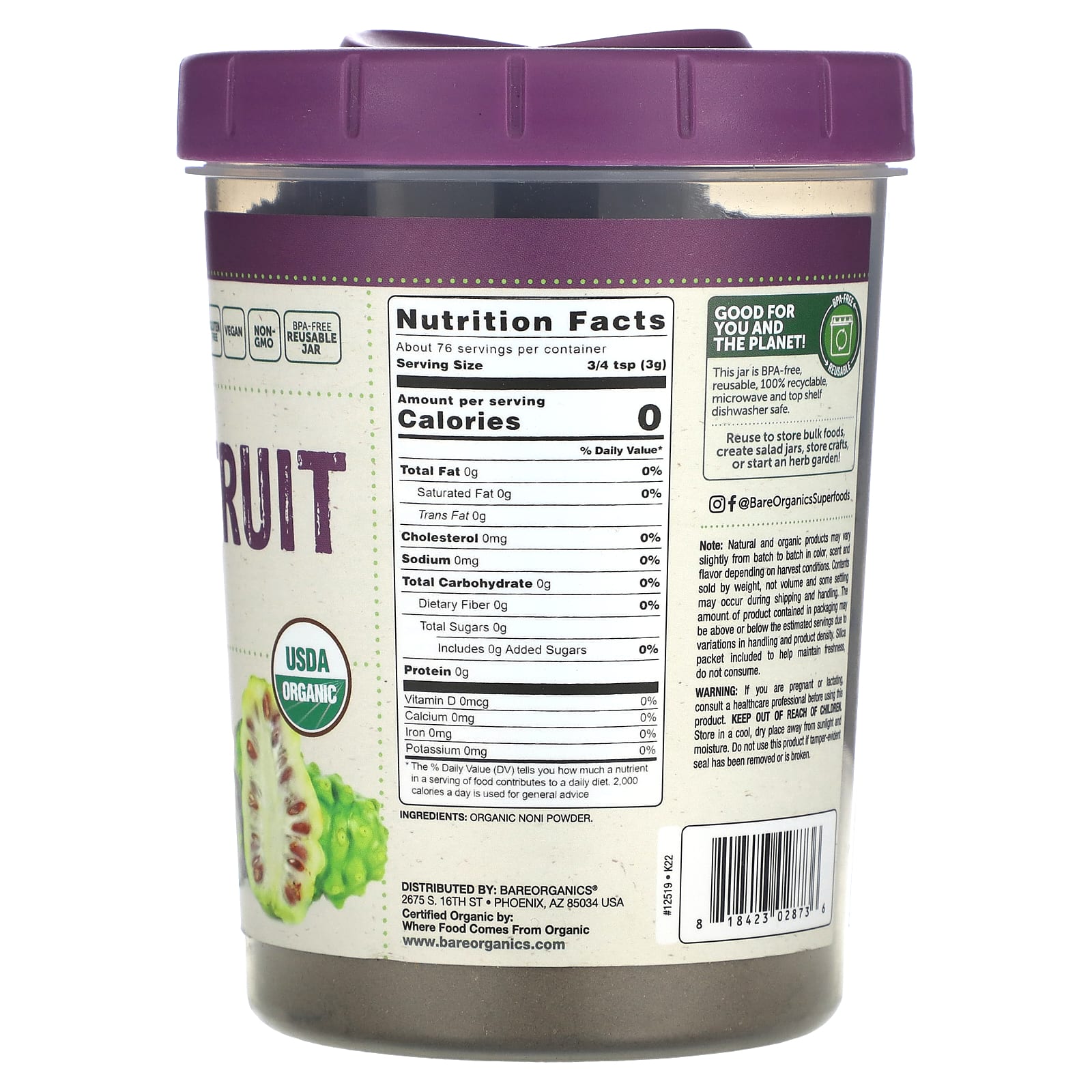 BareOrganics, Raw Organic Noni Fruit Powder, 8 oz (227 g) - B0741H2MV5