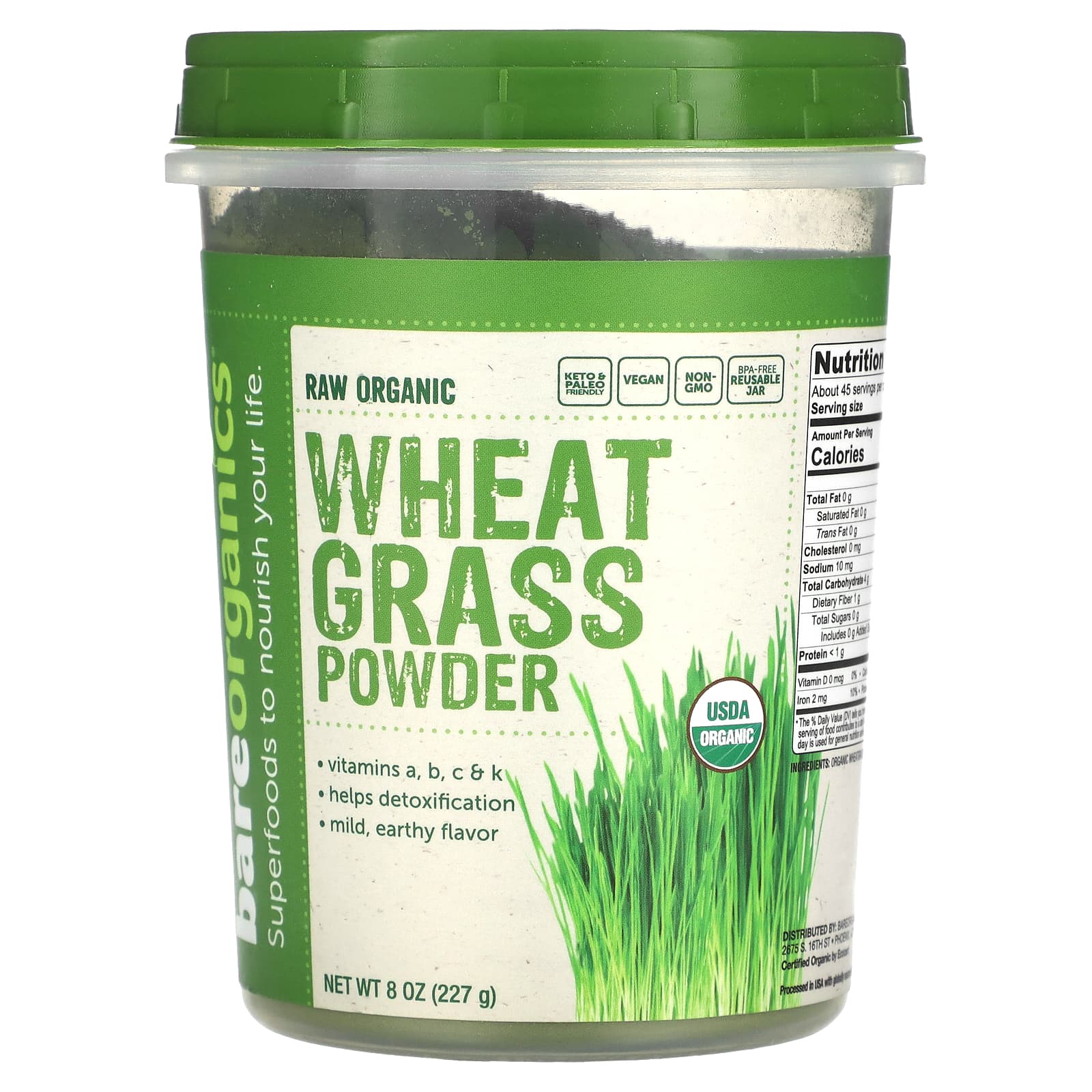 BareOrganics, Raw Organic Wheatgrass Powder, 8 oz (227 g) - B0732XZ8FZ