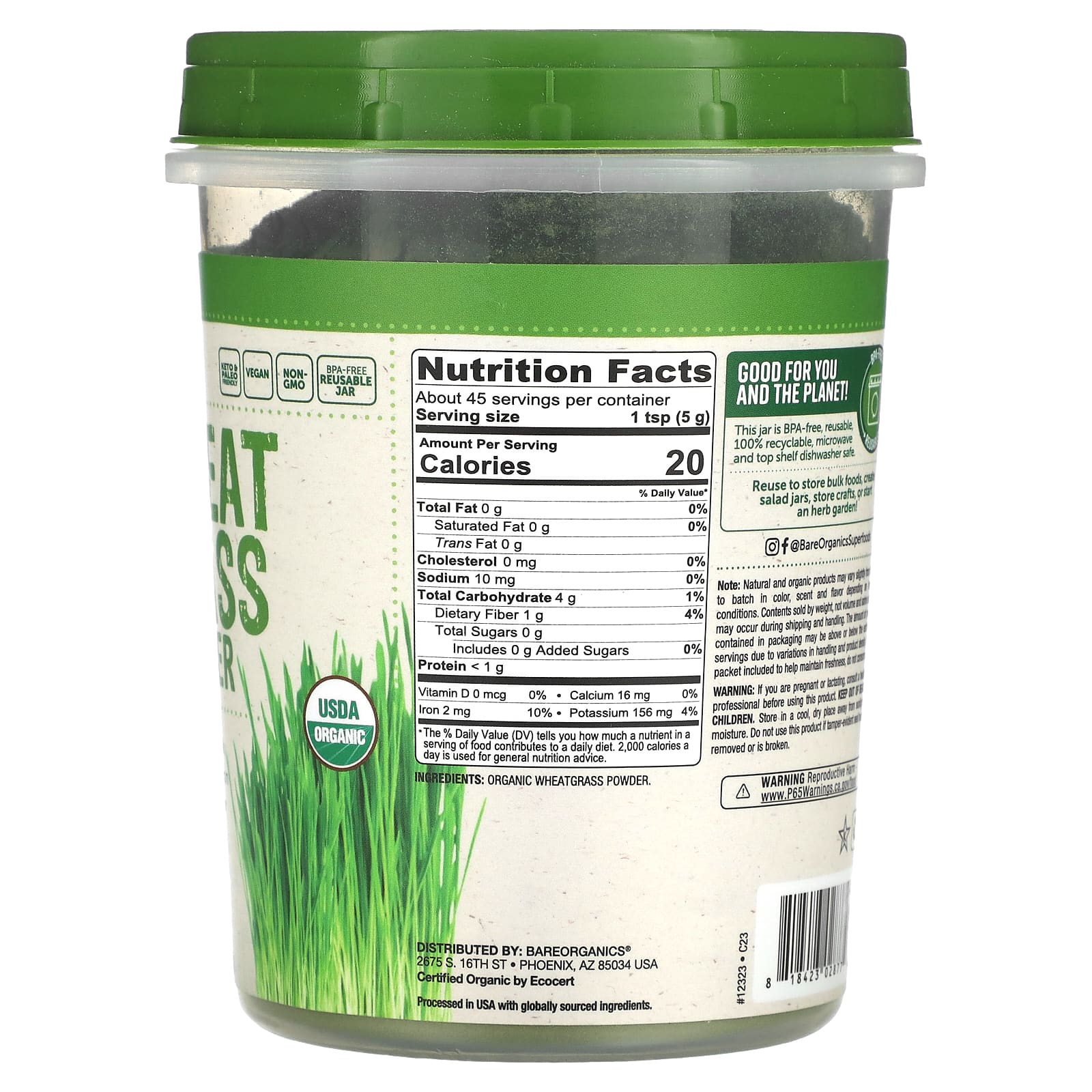 BareOrganics, Raw Organic Wheatgrass Powder, 8 oz (227 g) - B0732XZ8FZ