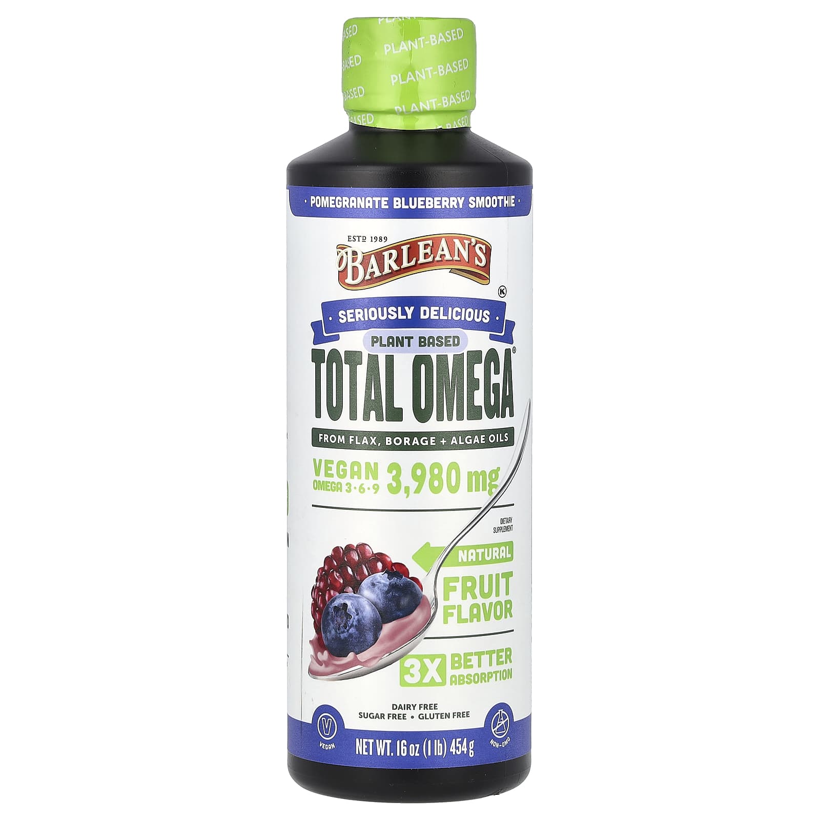 Barlean's, Plant Based Total Omega 3 · 6 · 9, Pomegranate Blueberry Smoothie, 3,980 mg, 16 oz (454 g) - B002VLZ8DU