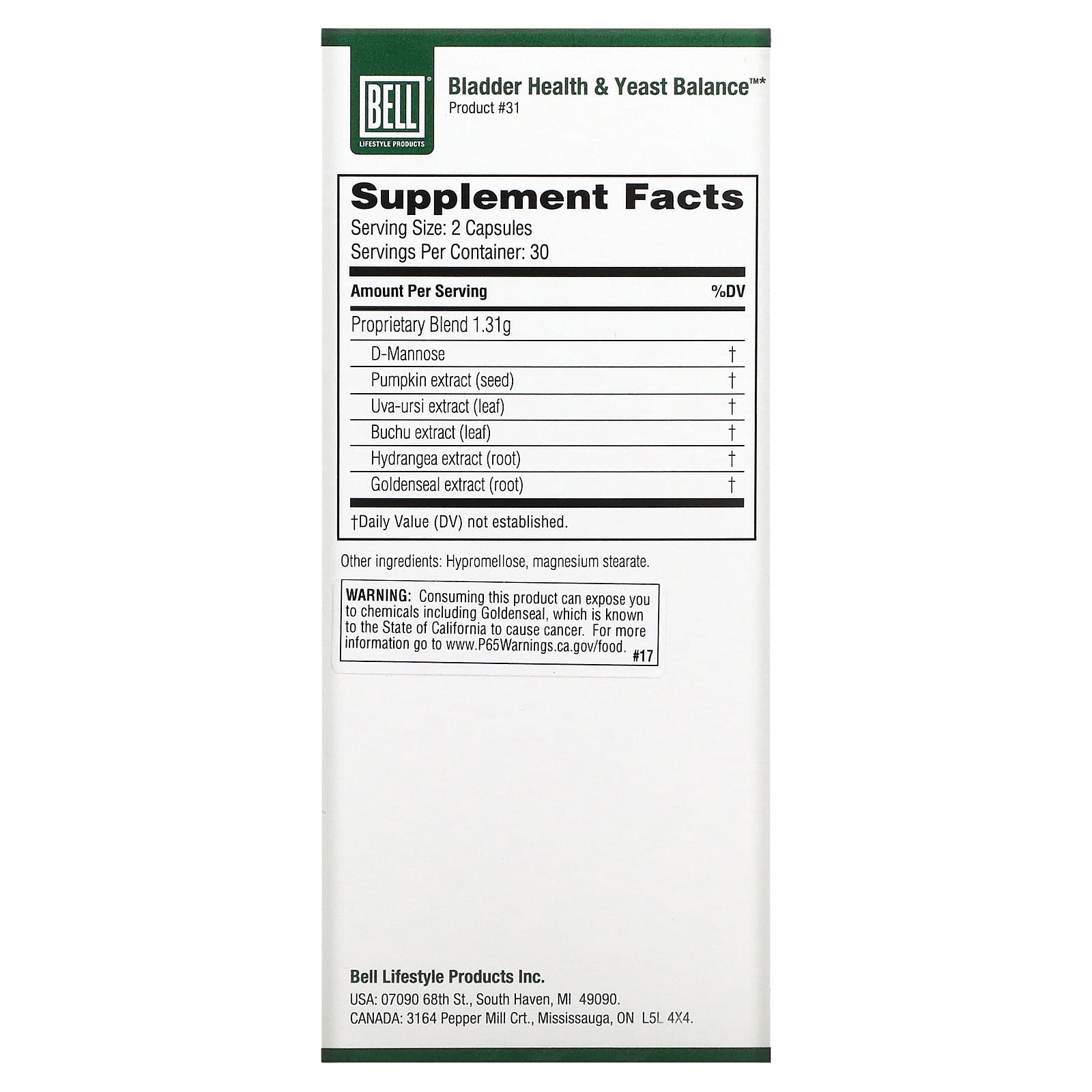 Bell Lifestyle, Bladder Health & Yeast Balance, 60 Veggie Capsules - B001EYLHVC