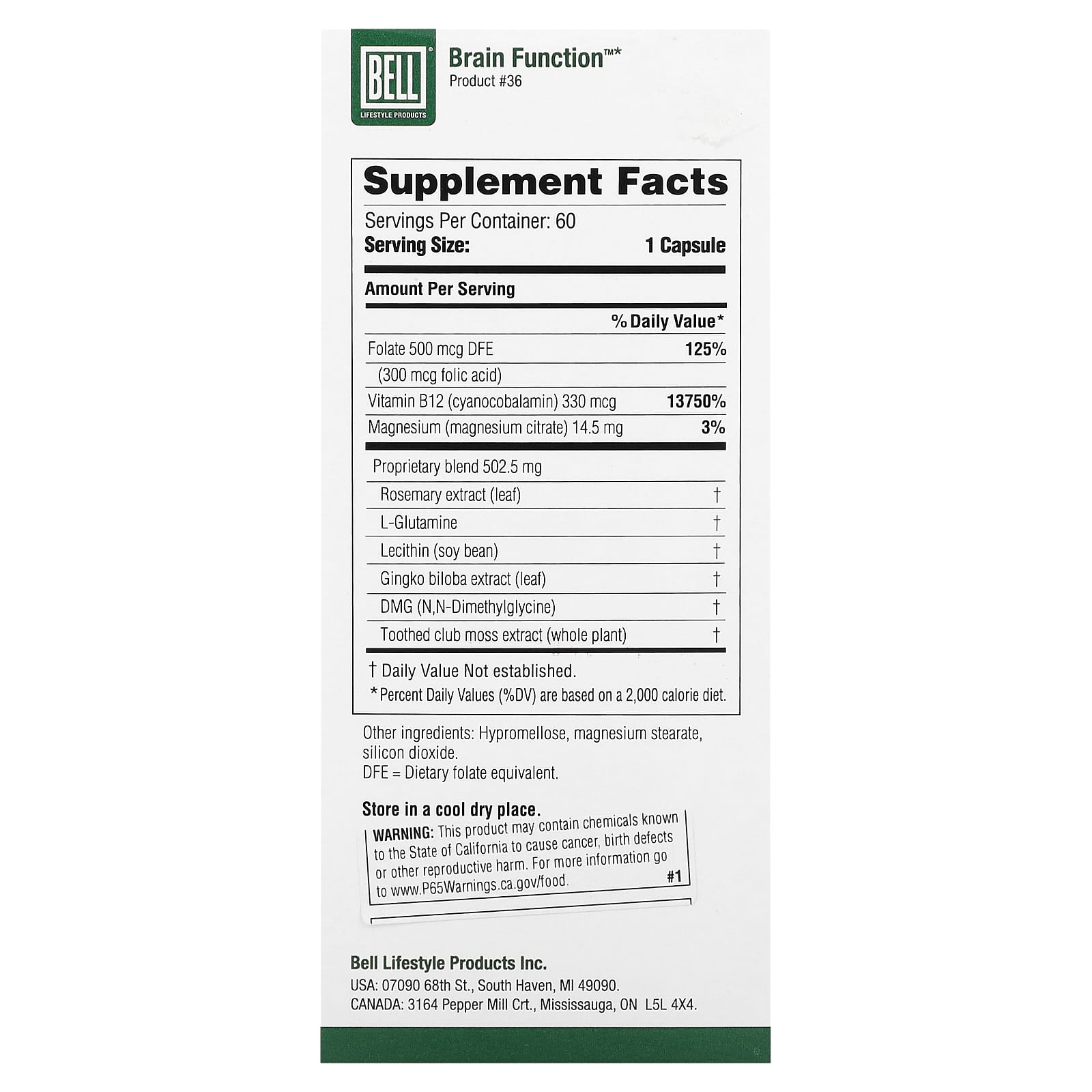 Bell Lifestyle, Brain Function, 60 Veggie Capsules - B0169VL6ME