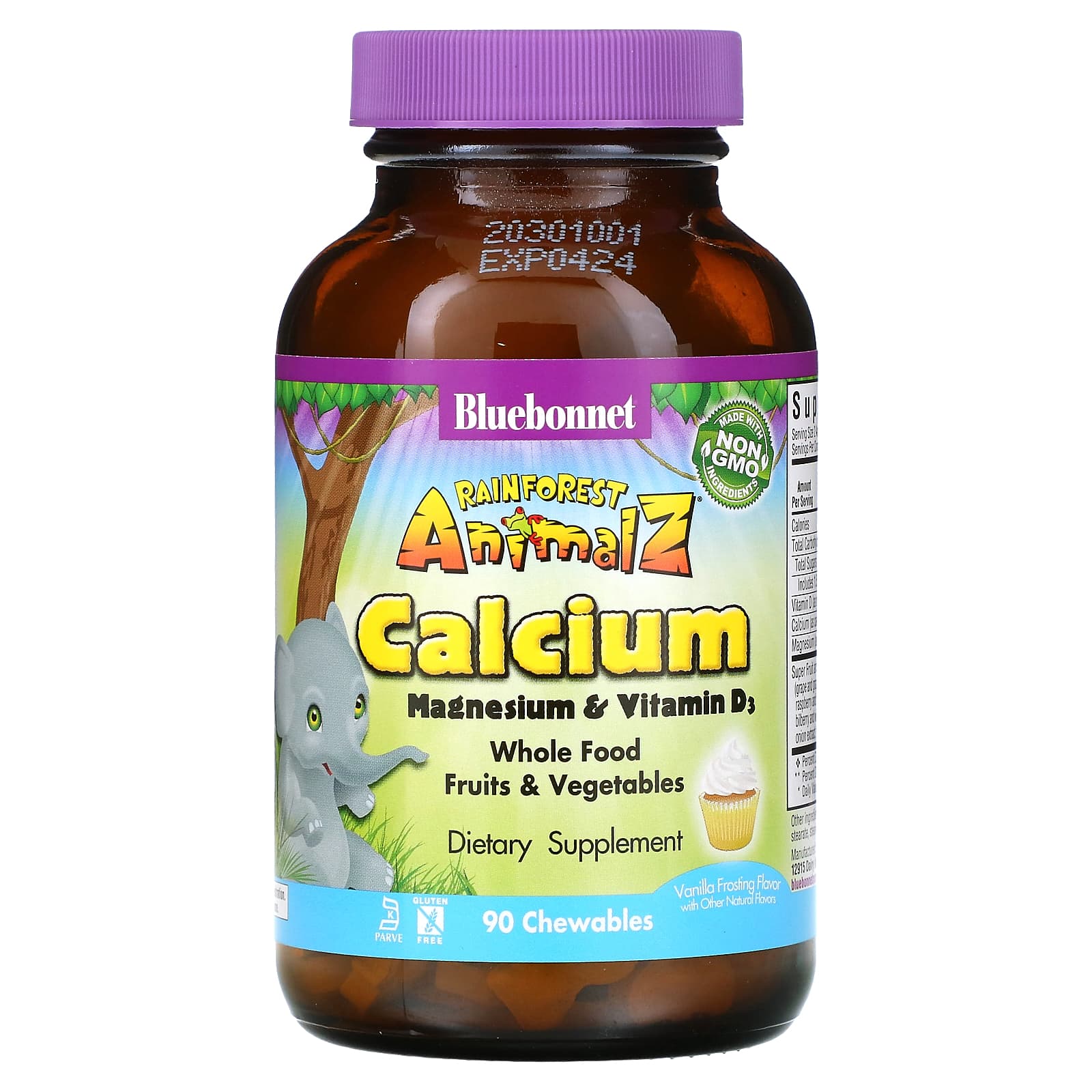 Bluebonnet Nutrition, Rainforest Animalz, Calcium Magnesium & Vitamin D3, Natural Vanilla Frosting, 90 Chewables - B004WP2EQW