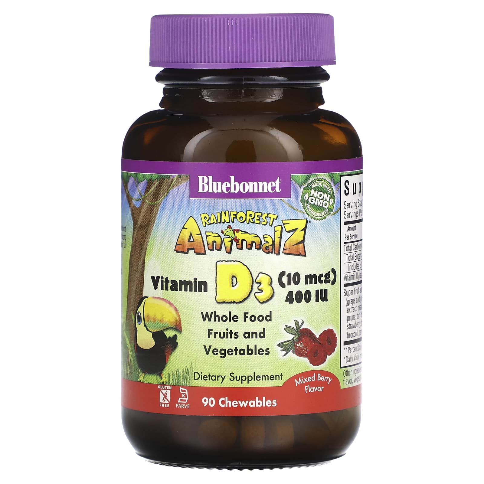 Bluebonnet Nutrition, Rainforest Animalz, Vitamin D3, Mixed Berry , 400 IU, 90 Chewables - B004WP2EY4