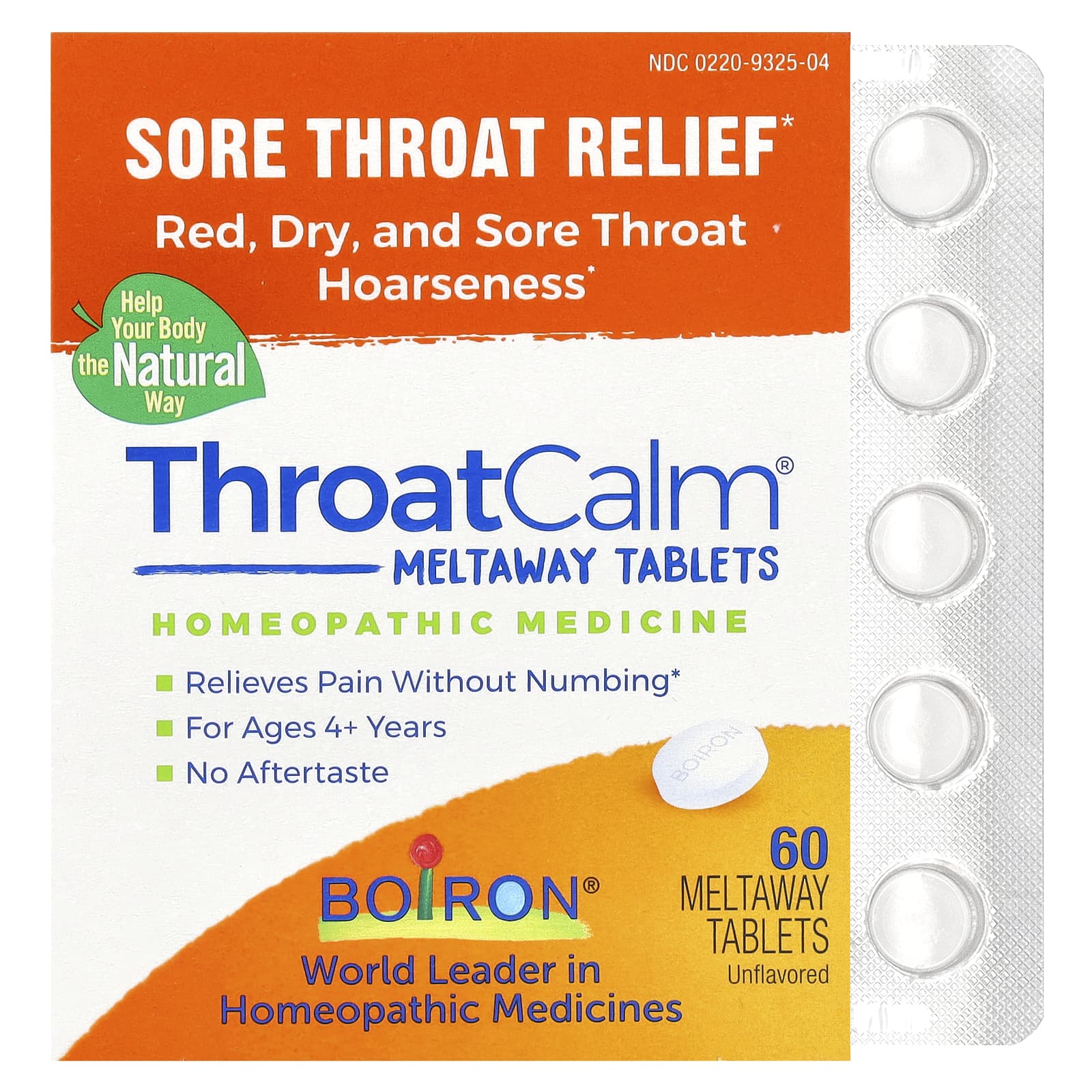 Boiron, ThroatCalm©, Sore Throat Relief, For Ages 4+ Years, Unflavored, 60 Meltaway Tablets - B071S8T2M4