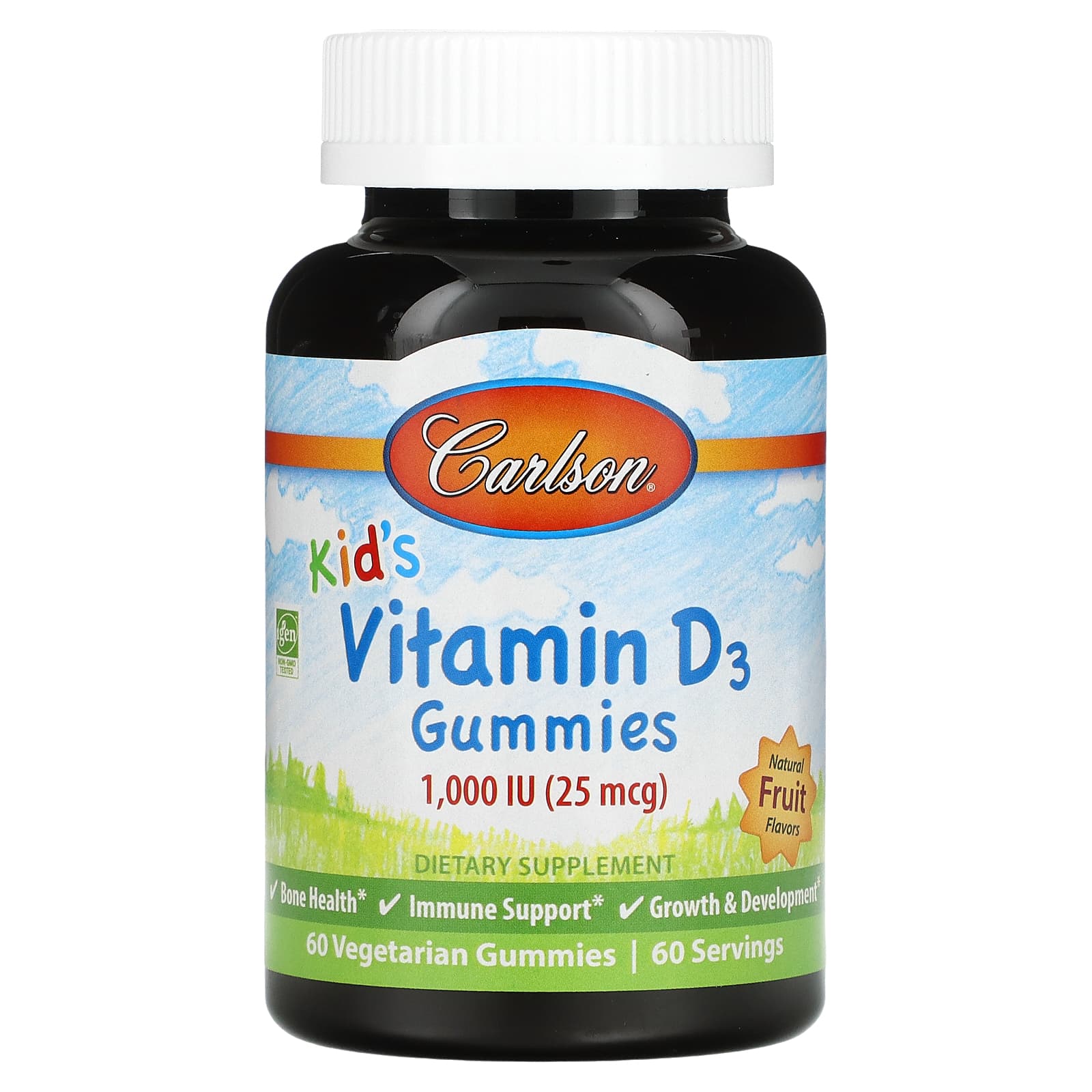 Carlson, Kid's, Vitamin D3 Gummies, Natural Fruit, 25 mcg (1,000 IU), 60 Vegetarian Gummies - B077915Q1Z