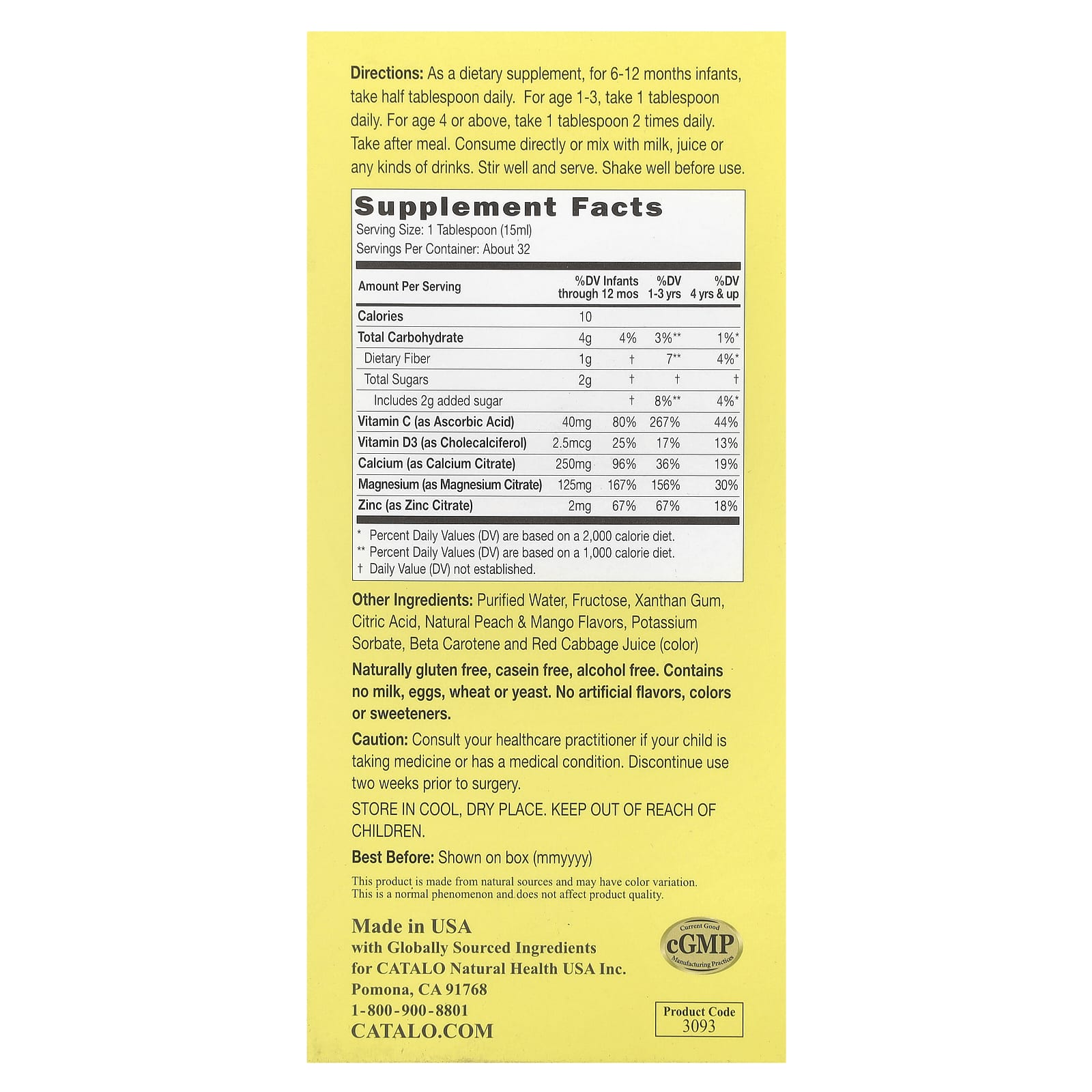 CATALO, Children's Liquid Calcium with Magnesium & Zinc, Peach and Mango, 16 fl oz (474 ml) - B0CHBMDD8R