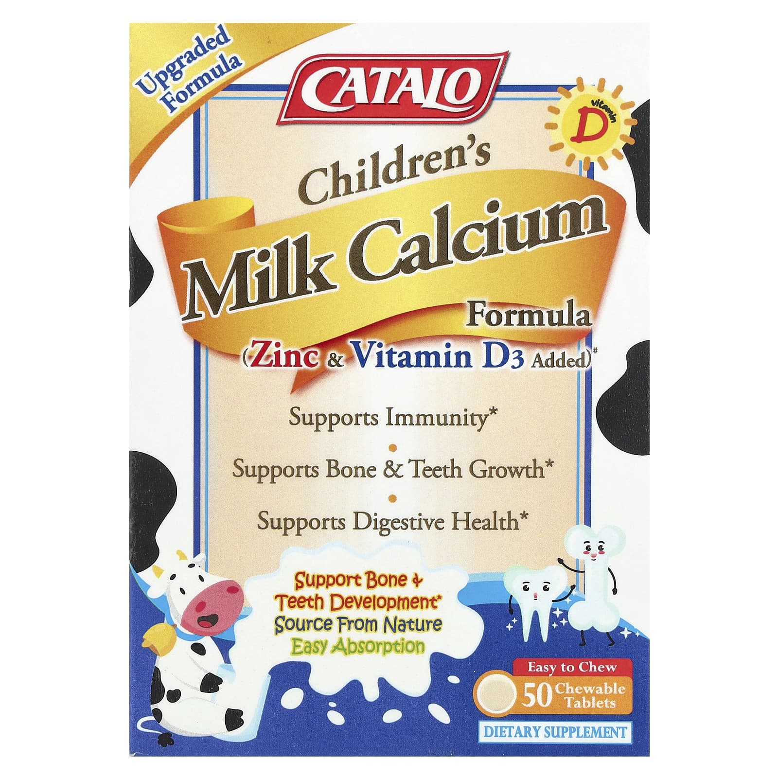 CATALO, Children's Milk Calcium Formula, Zinc & Vitamin D, 50 Chewable Tablets - B0DNTM3C4Y