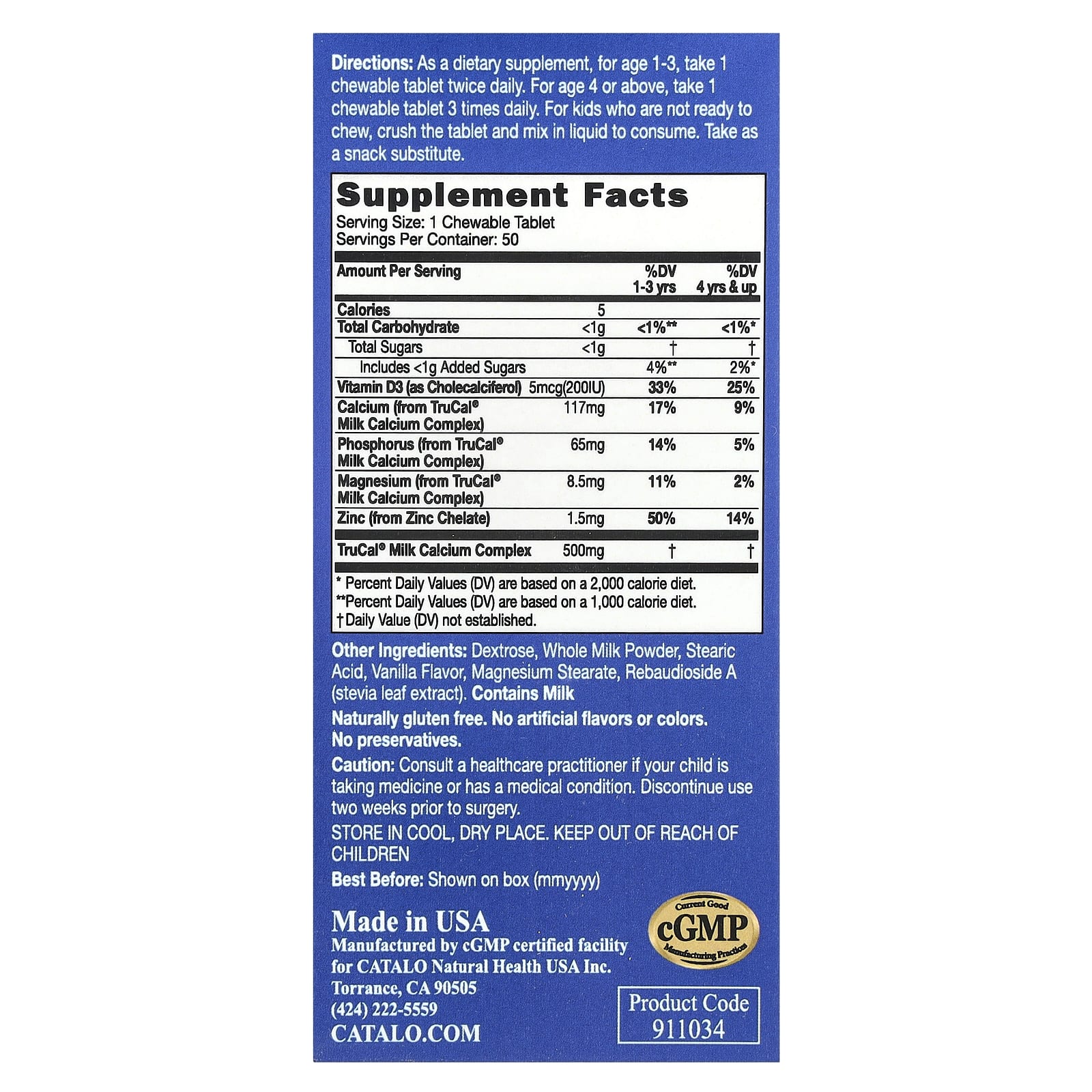 CATALO, Children's Milk Calcium Formula, Zinc & Vitamin D, 50 Chewable Tablets - B0DNTM3C4Y