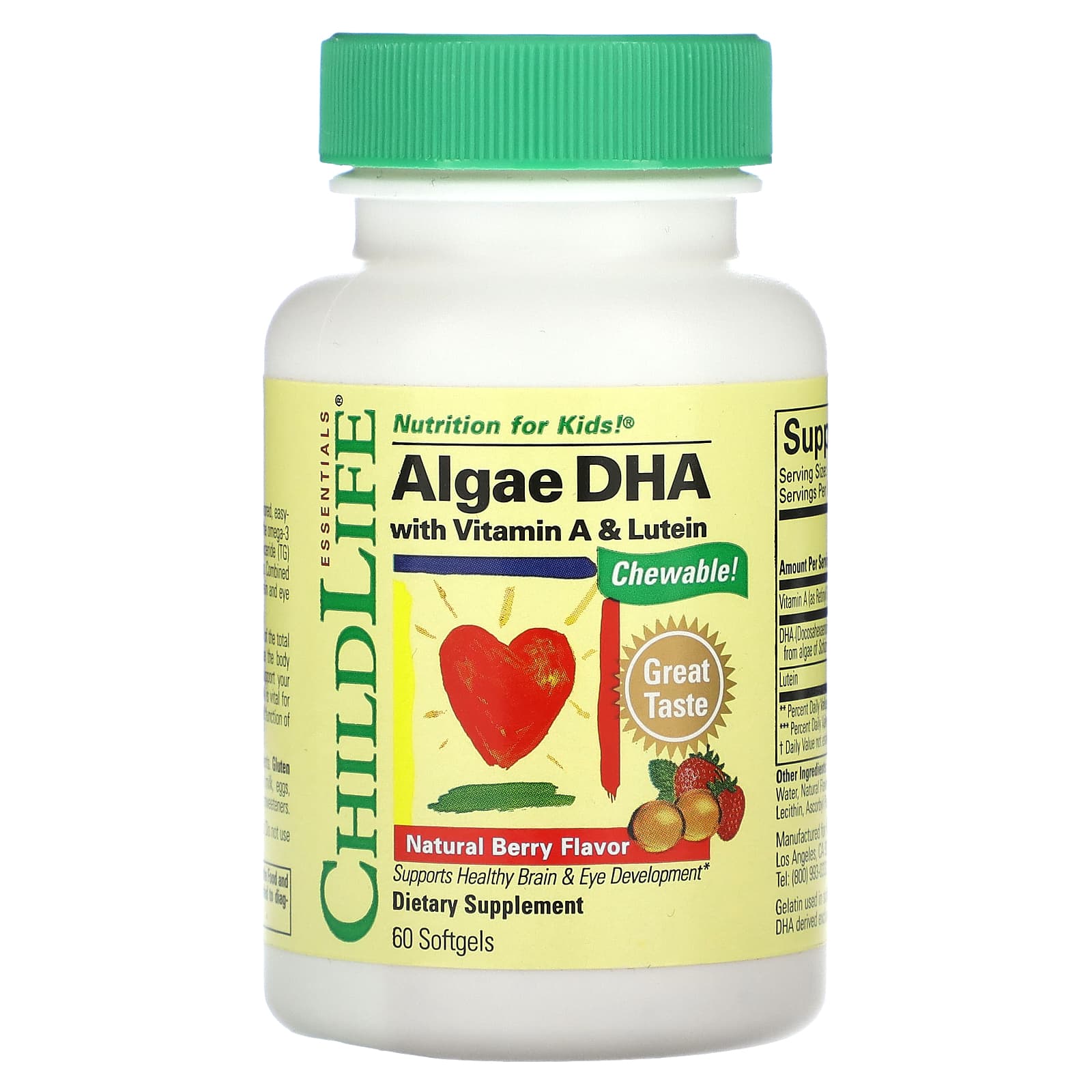 ChildLife Essentials, Algae DHA with Vitamin A & Lutein, Natural Berry, 60 Softgels - B0C55W87FP