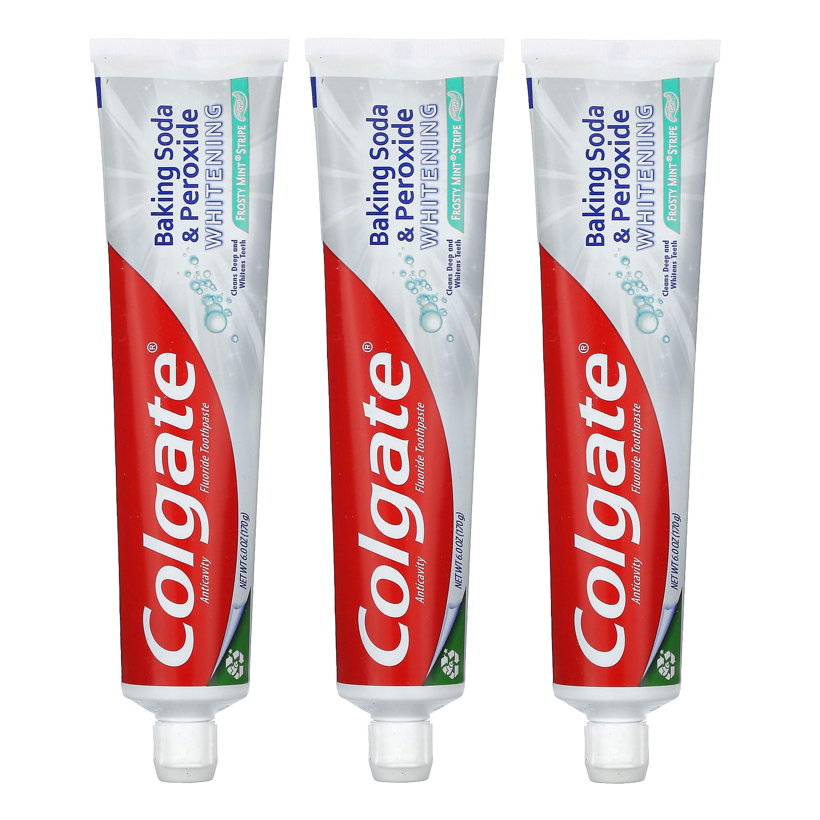 Colgate, Baking Soda & Peroxide Whitening, Anticavity Fluoride Toothpaste, Frosty Mint Stripe Gel, 3 Pack, 6 oz (170 g) Each - B09FXWD5XH