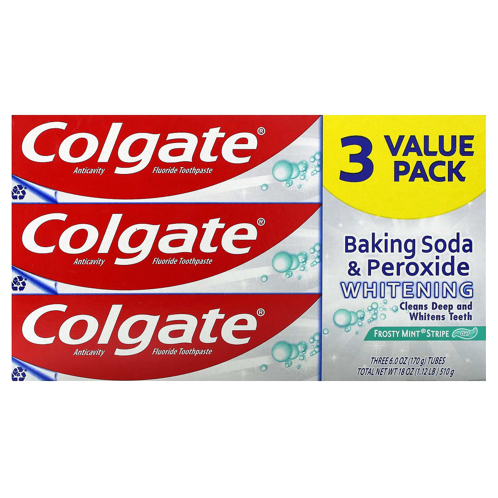 Colgate, Baking Soda & Peroxide Whitening, Anticavity Fluoride Toothpaste, Frosty Mint Stripe Gel, 3 Pack, 6 oz (170 g) Each - B09FXWD5XH