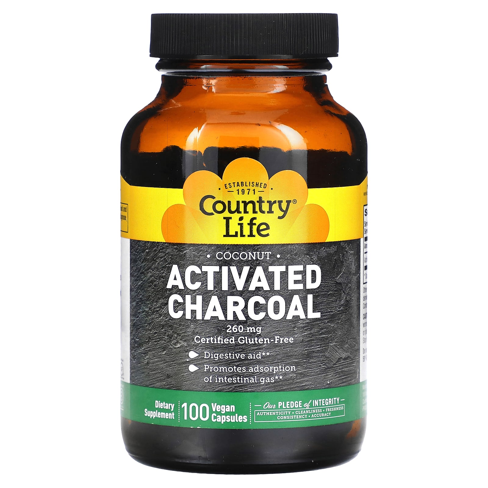 Country Life, Activated Charcoal, 260 mg, 100 Vegan Capsules - B002UHPNFS