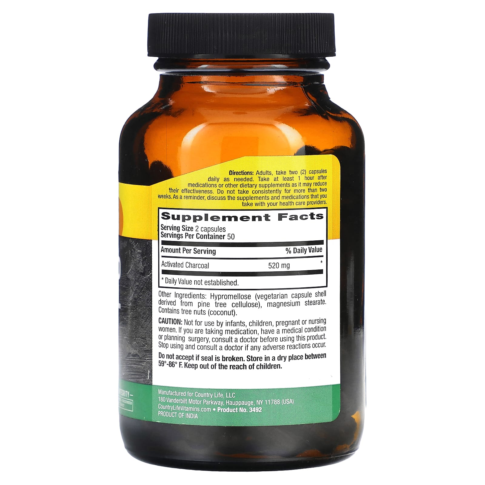 Country Life, Activated Charcoal, 260 mg, 100 Vegan Capsules - B002UHPNFS