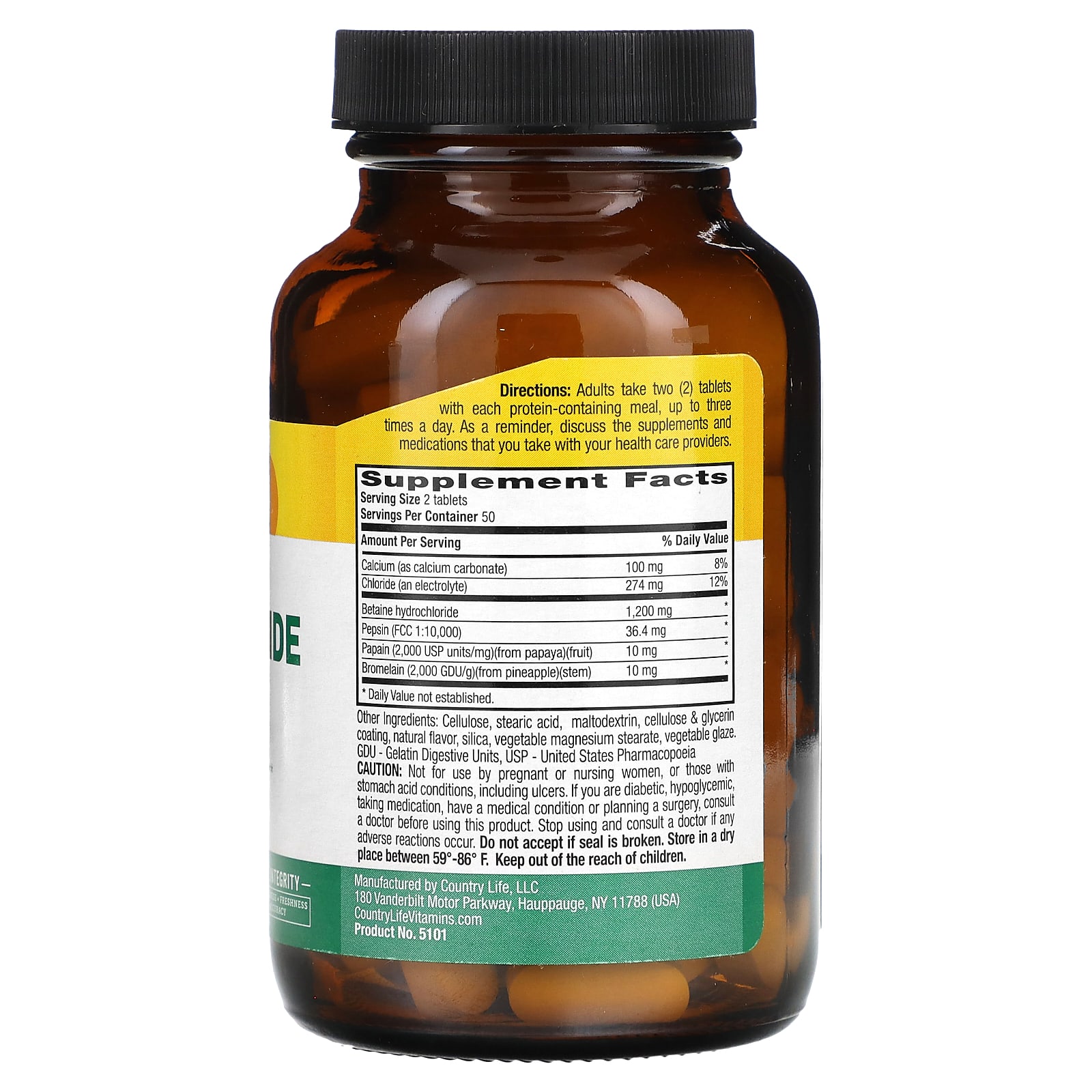 Country Life, Betaine Hydrochloride with Pepsin, 600 mg, 100 Tablets - B001B7HTP0