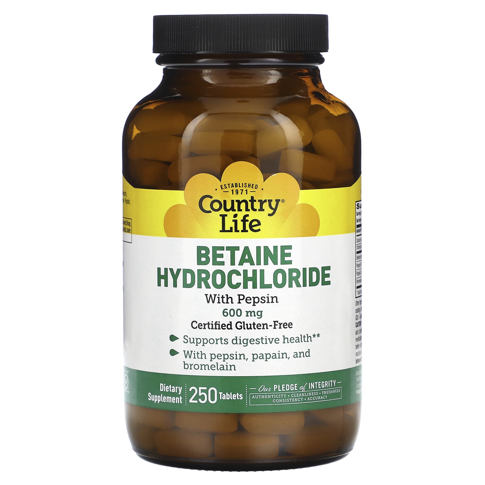 Country Life, Betaine Hydrochloride with Pepsin, 600 mg, 250 Tablets - B000OYMGU4