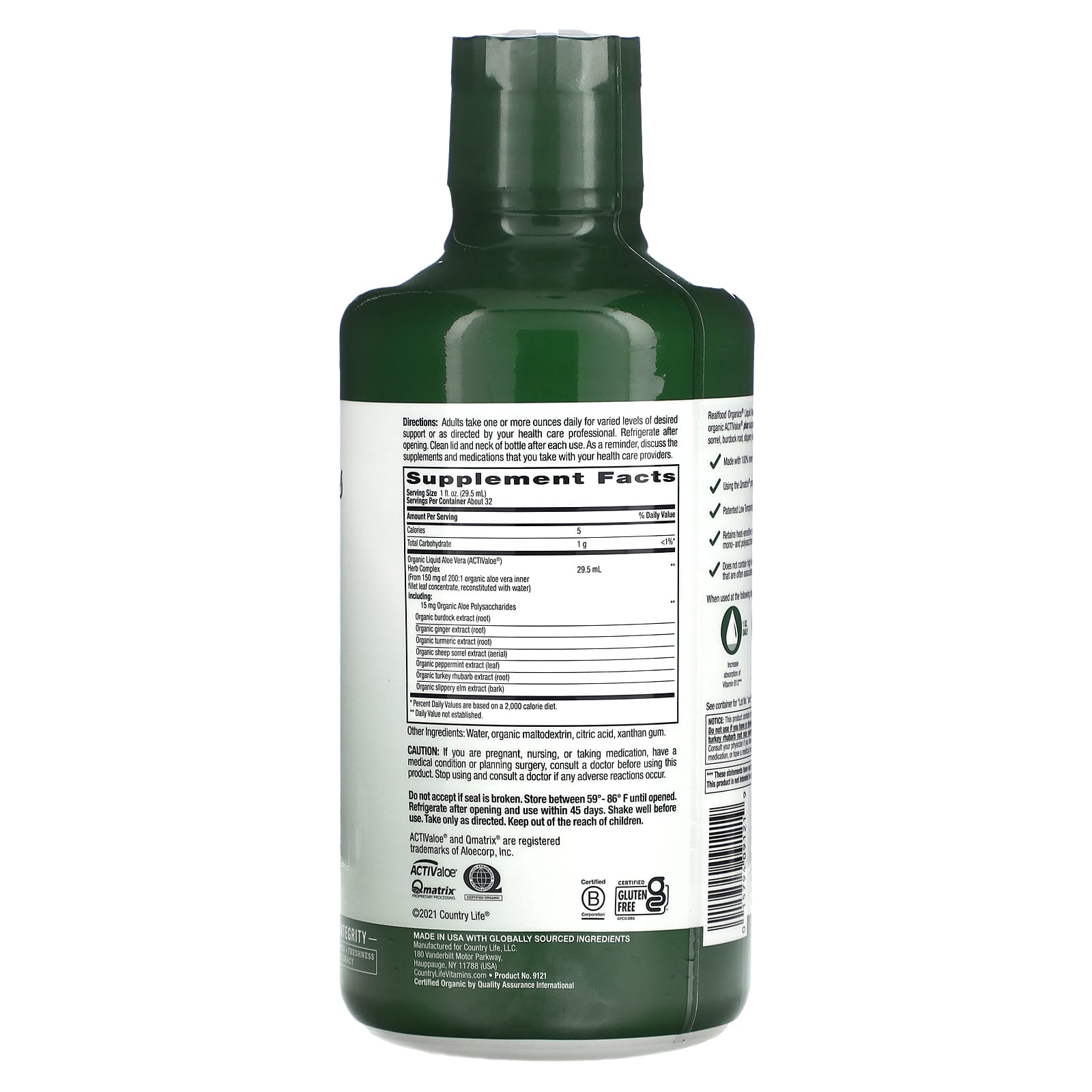 Country Life, Realfood Organics, Aloe Vera Plus, 32 fl oz (944 ml) - B003HUHQ8E