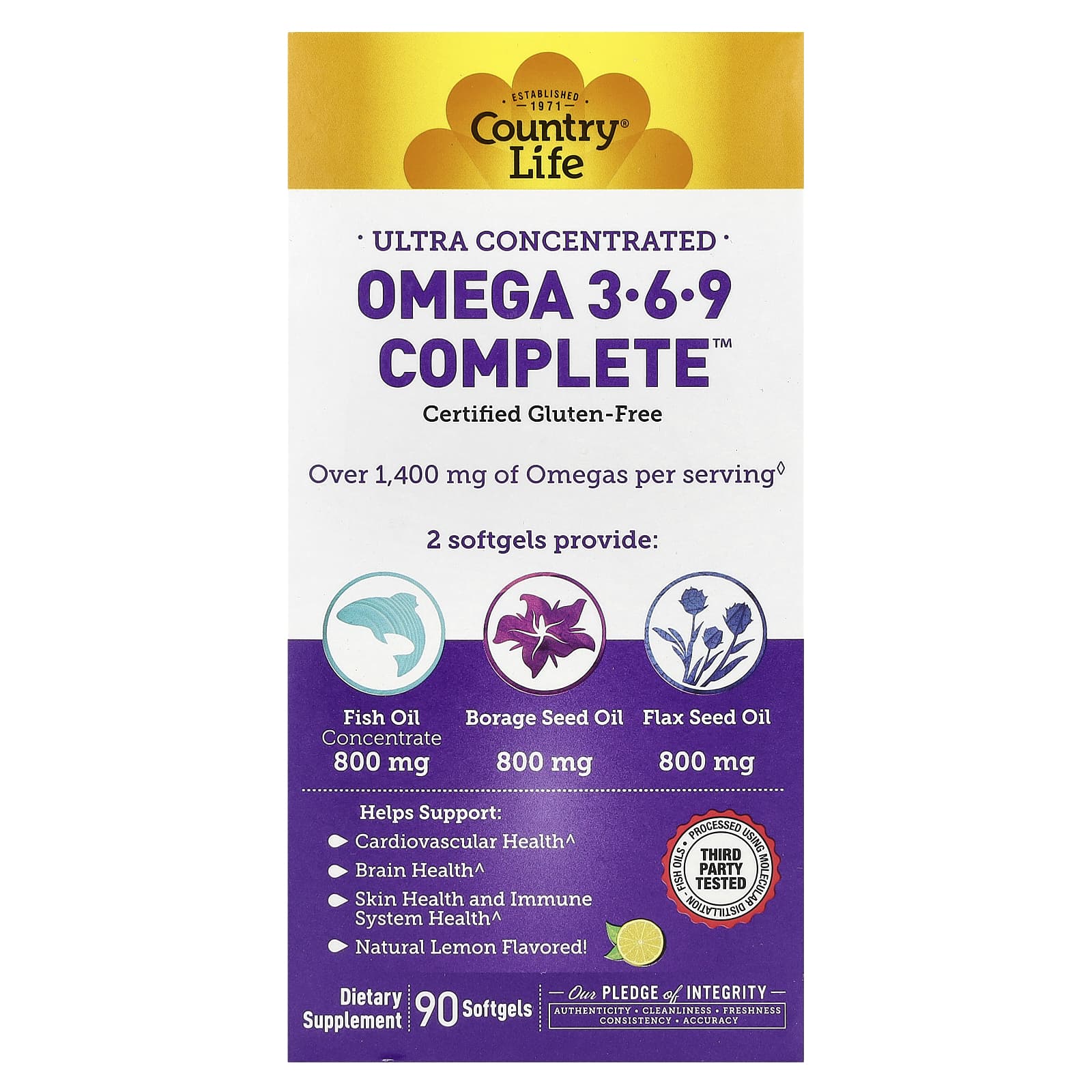Country Life, Ultra Concentrated Omega 3-6-9 Complete, Natural Lemon, 90 Softgels - B0001ZZ4LO