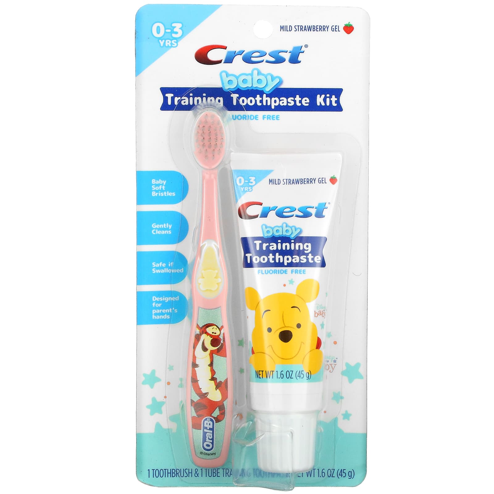 Crest, Baby Training Toothpaste Kit, Soft, 0-3 Years, Winnie the Pooh, Mild Strawberry, 1 Kit - 