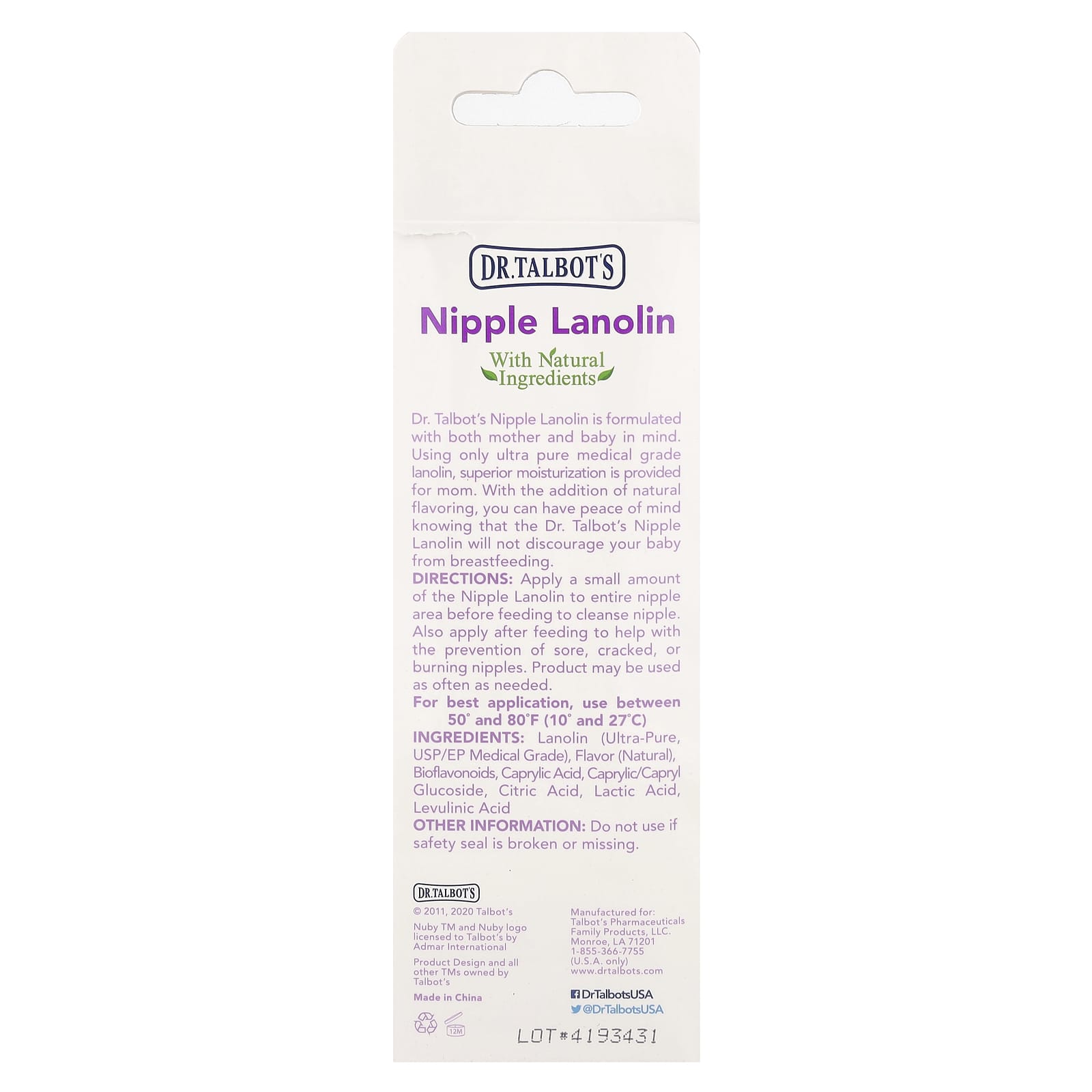 Dr. Talbot's, Nipple Lanolin, Vanilla Milk, 2 oz (60 g) - B08PVQHGTJ