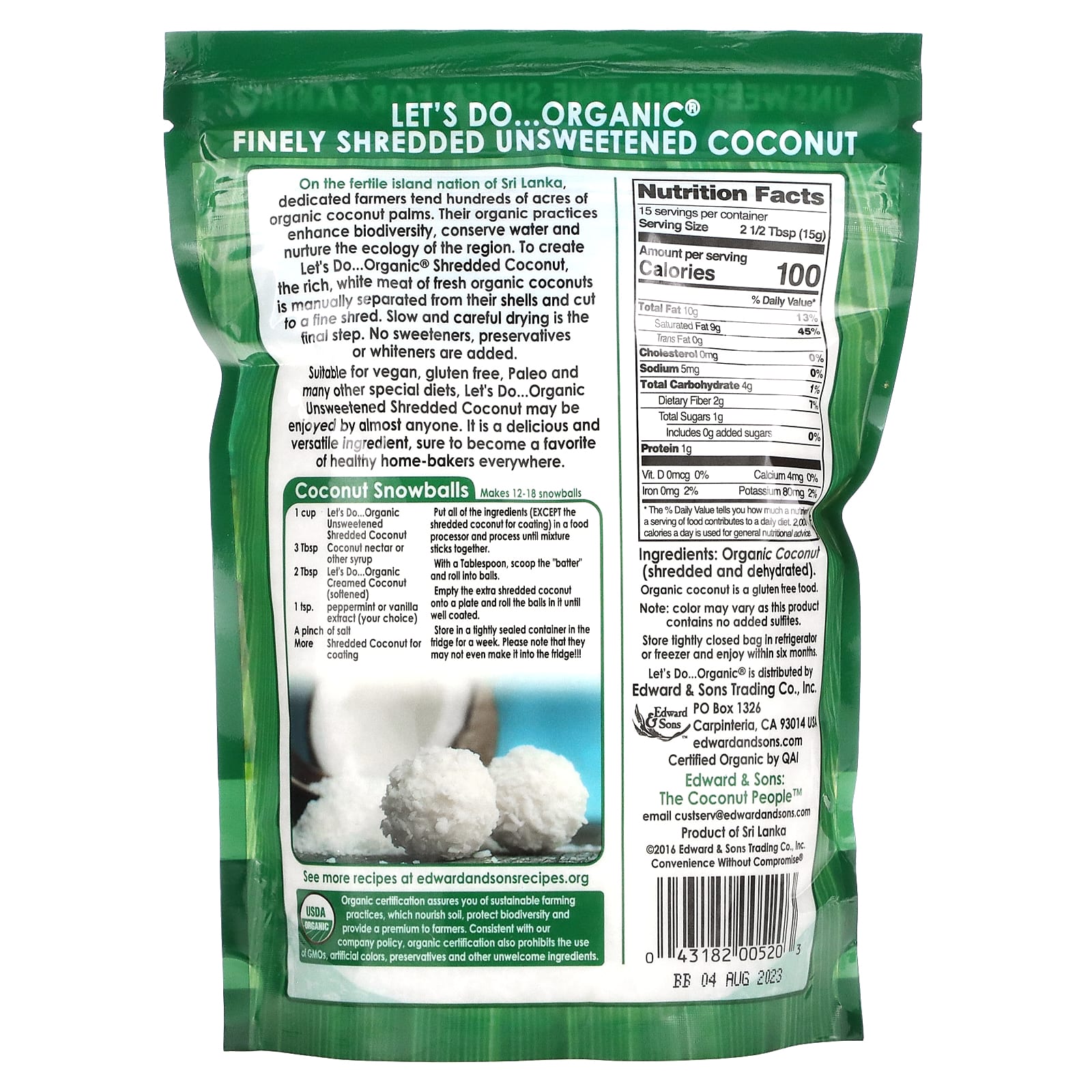 Edward & Sons, Let's Do Organic, 100% Organic Unsweetened Shredded Coconut, 8 oz (227 g) - B000VK11N4