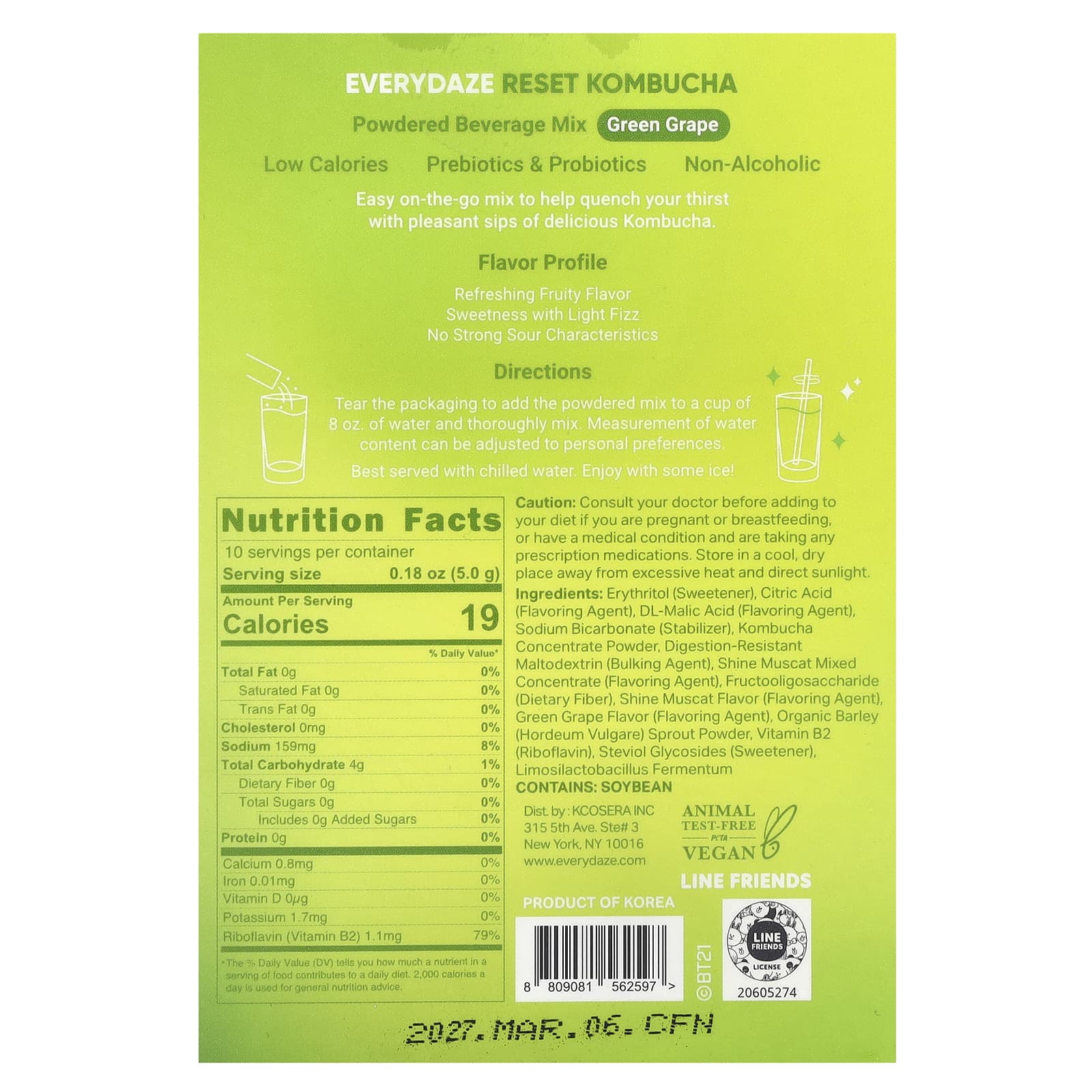 Everydaze, Reset Kombucha, Powdered Beverage Mix, Green Grape, 10 Packets, 0.18 oz (5 g) Each - B0D4F8GPJB