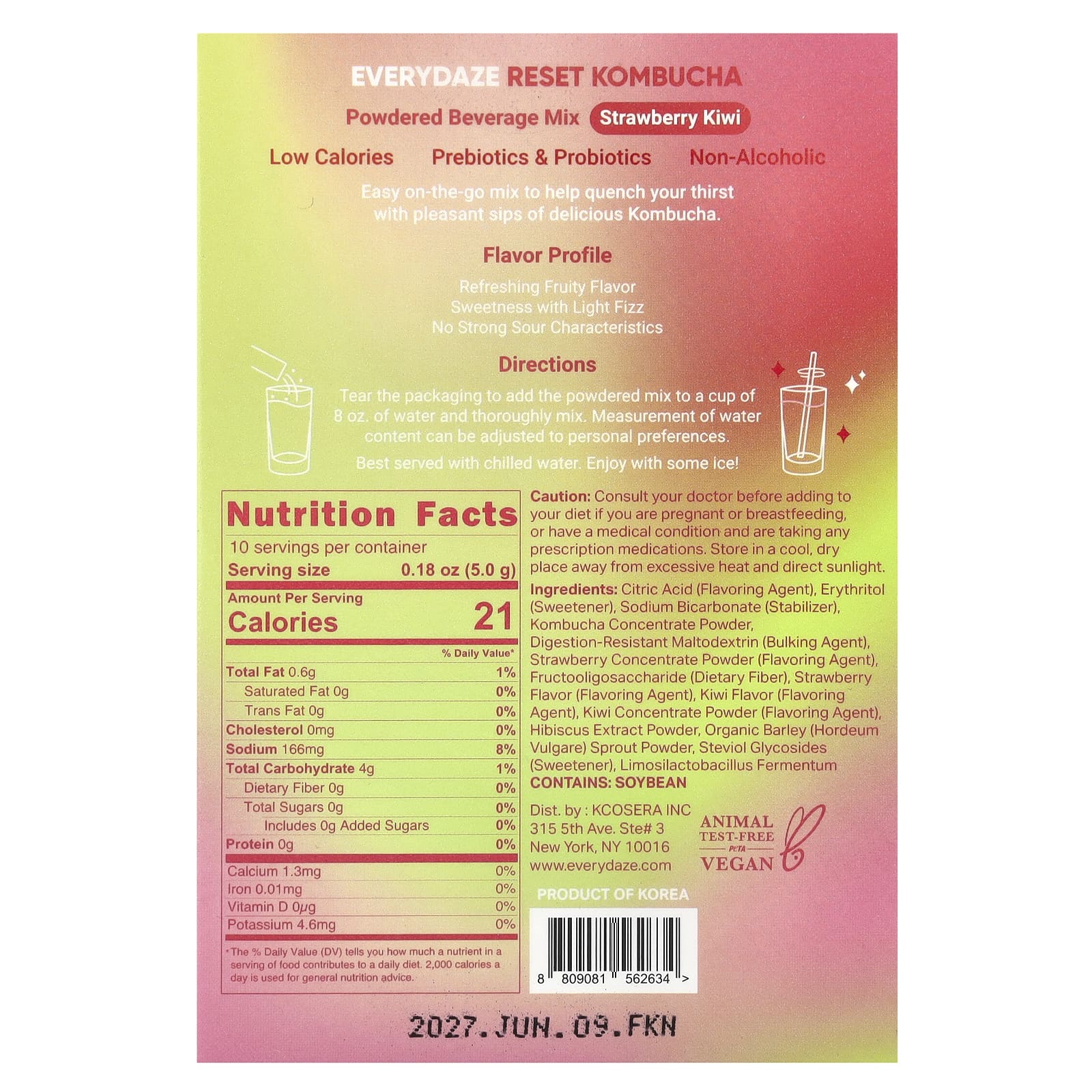Everydaze, Reset Kombucha, Powdered Beverage Mix, Strawberry Kiwi, 10 Packets, 0.18 oz (5 g) Each - B0D4F9CJD8