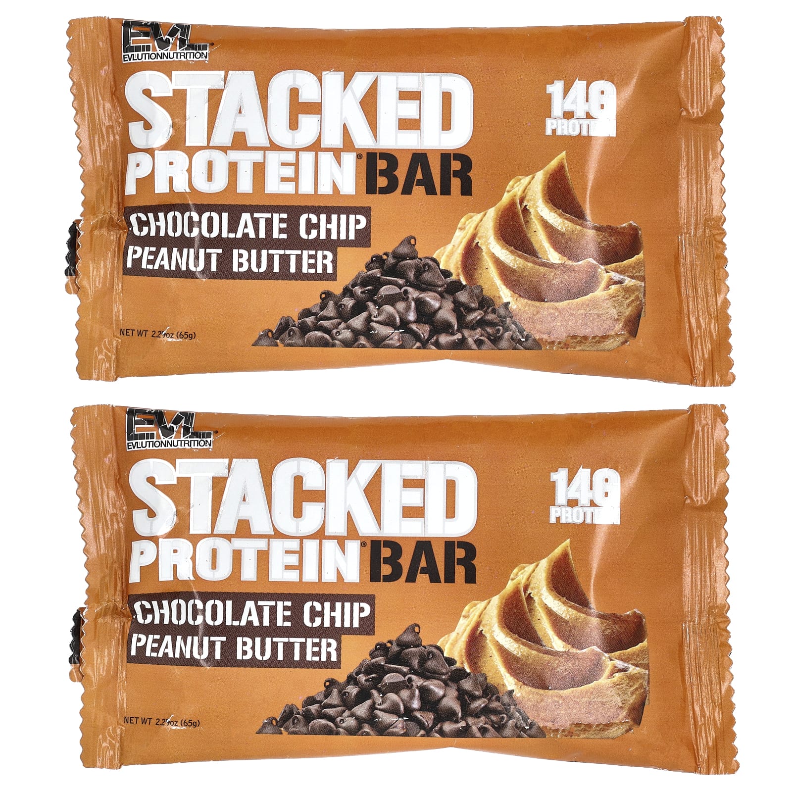 EVLution Nutrition, Stacked Protein Bar, Chocolate Chip Peanut Butter, 2 Bars, 2.29 oz (65 g) Each - 