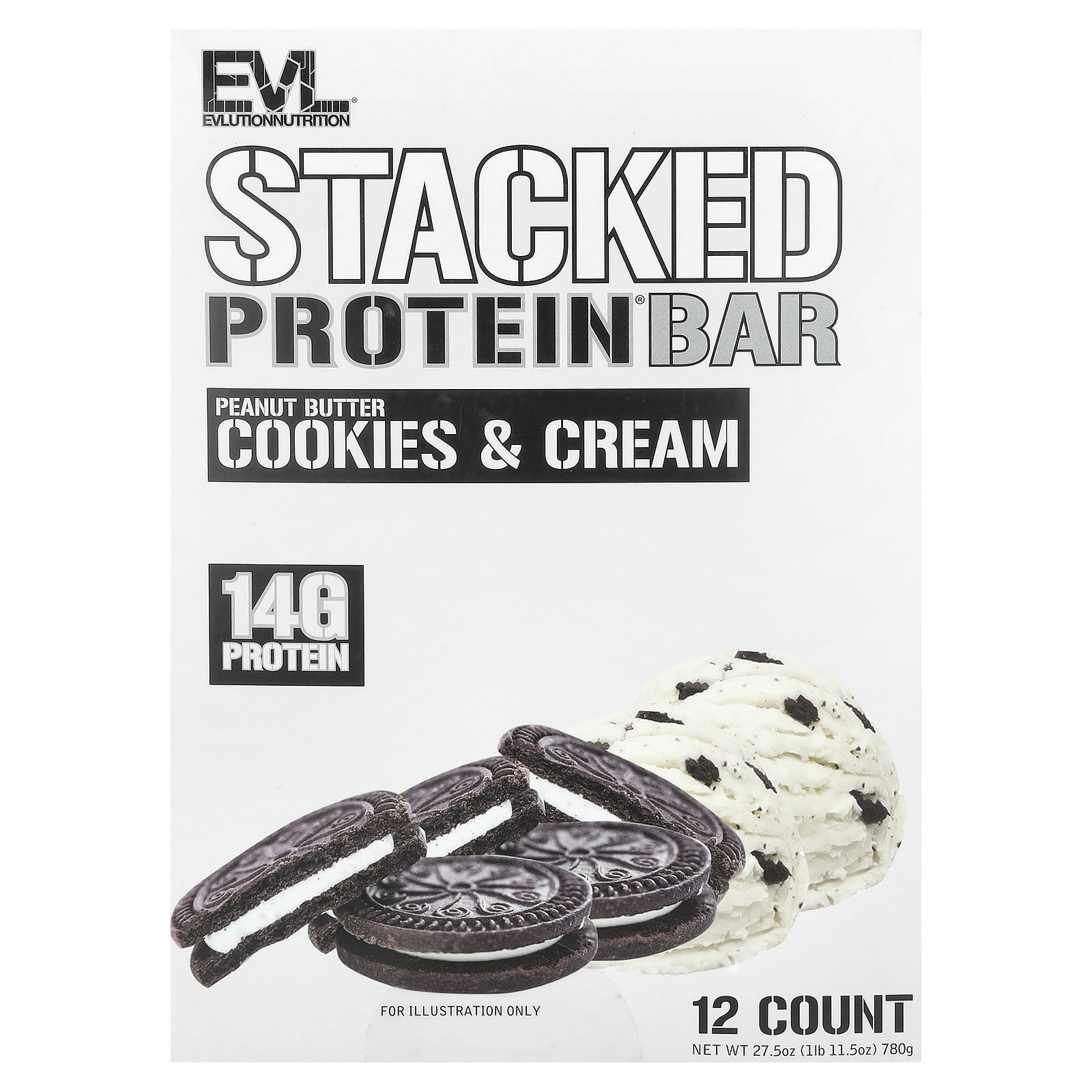 EVLution Nutrition, Stacked Protein Bar, Peanut Butter Cookies & Cream, 12 Count, 65 g Each - 