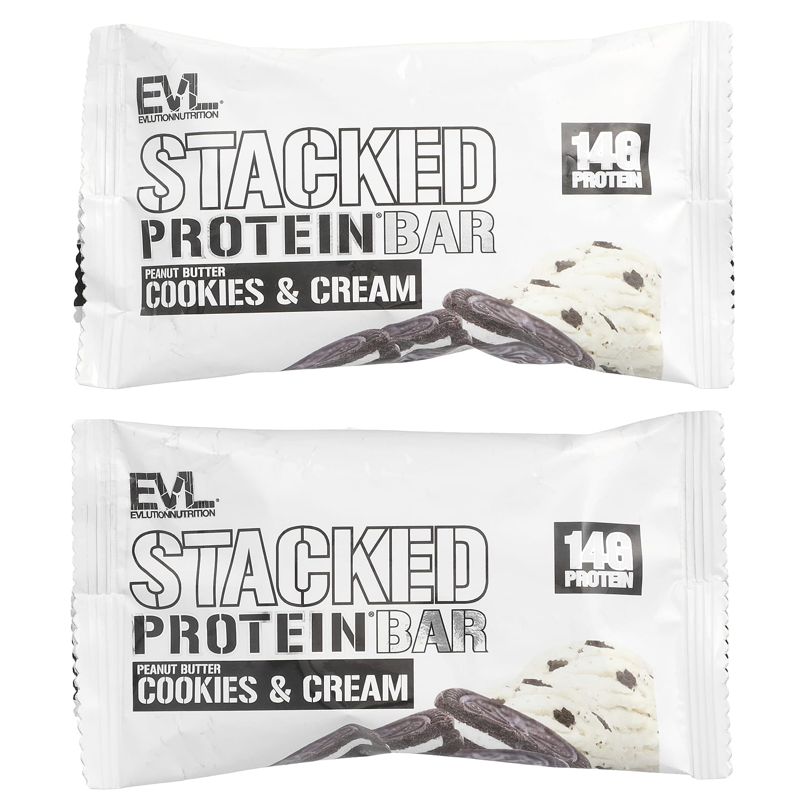 EVLution Nutrition, Stacked Protein Bar, Peanut Butter Cookies & Cream, 2 Bars, 2.29 oz (65 g) Each