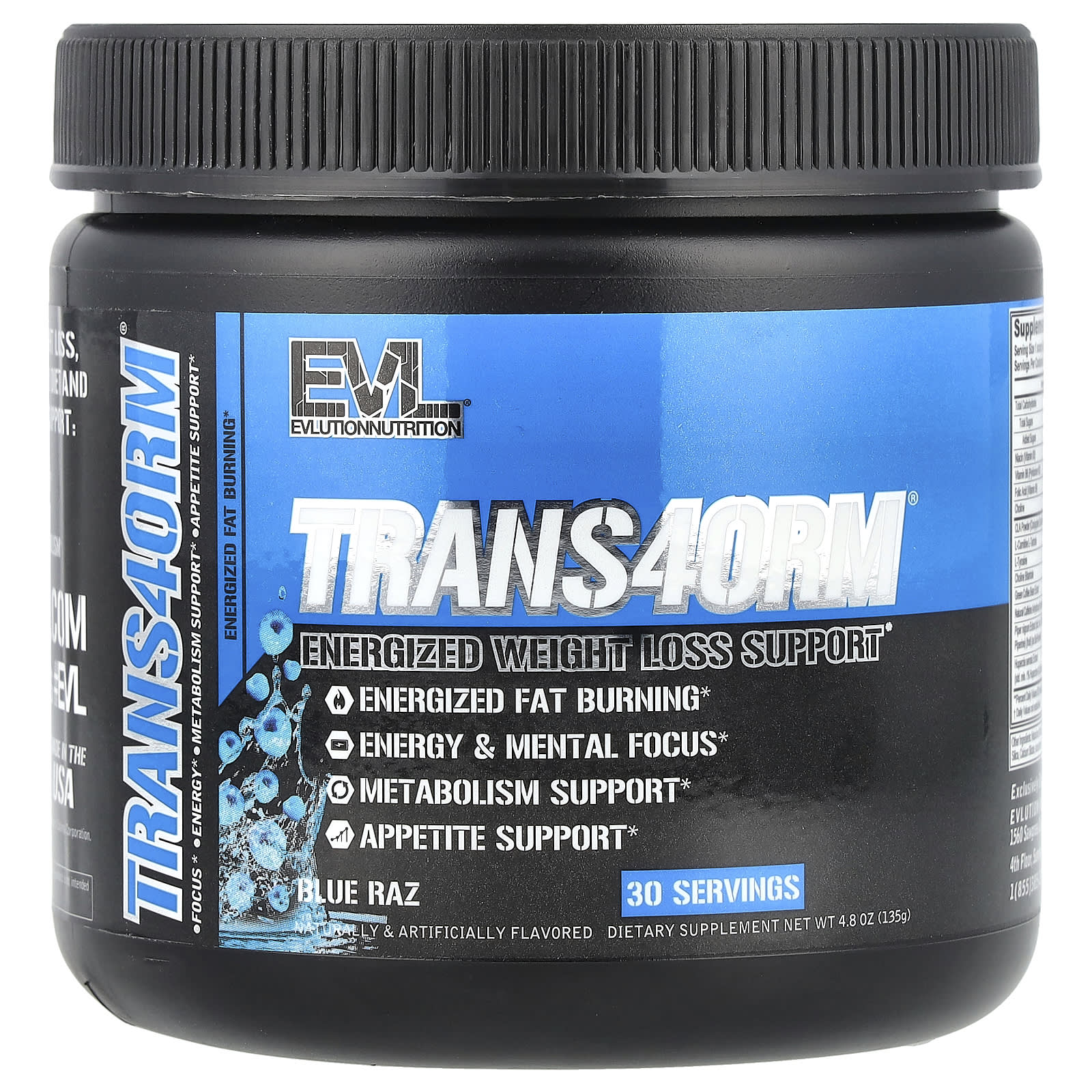 EVLution Nutrition, Trans4orm®, Energized Weight Loss Support, Blue Raz, 4.8 oz (135 g) - 