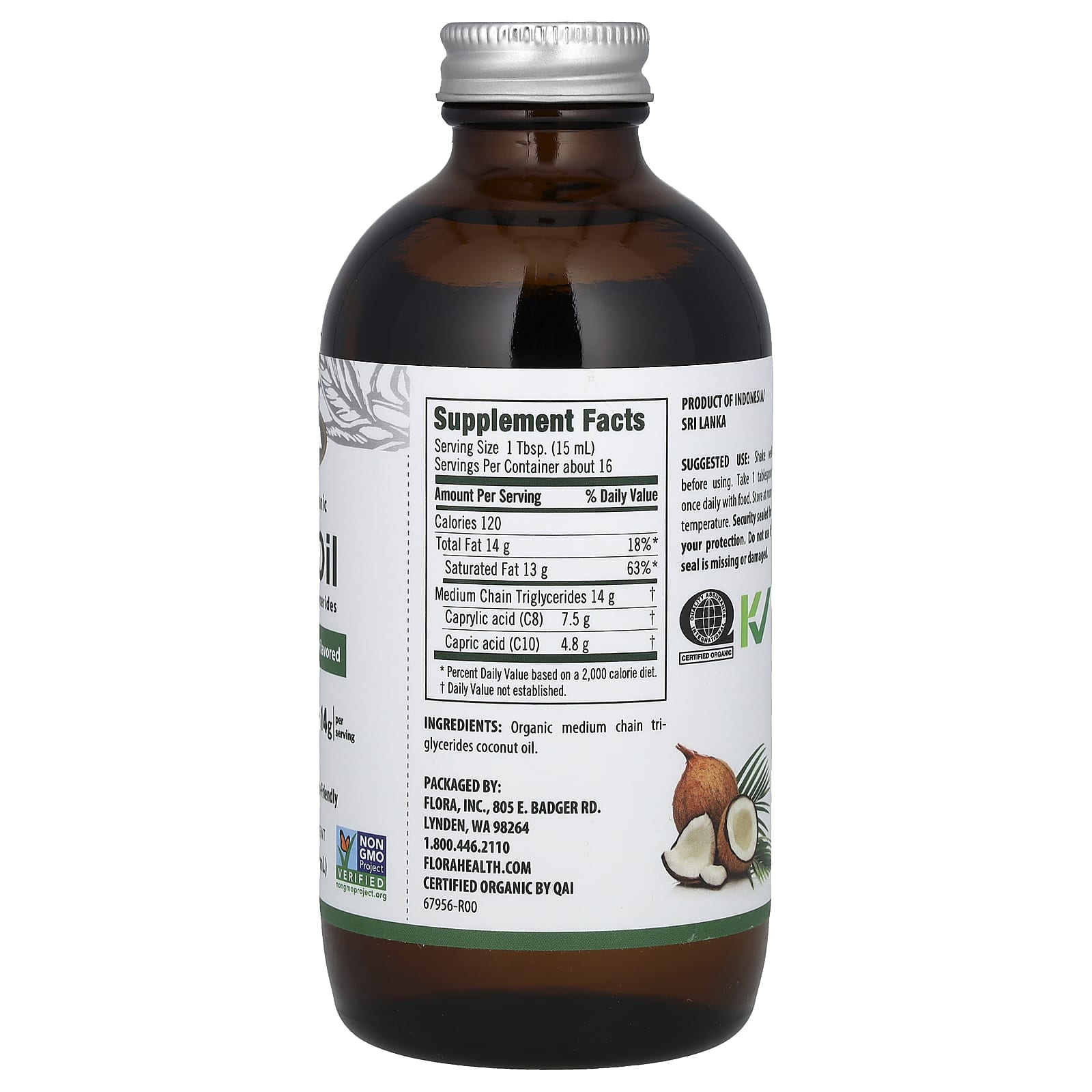 Flora, Certified Organic MCT Oil, 8.5 fl oz (250 ml) - B084BVDXQJ