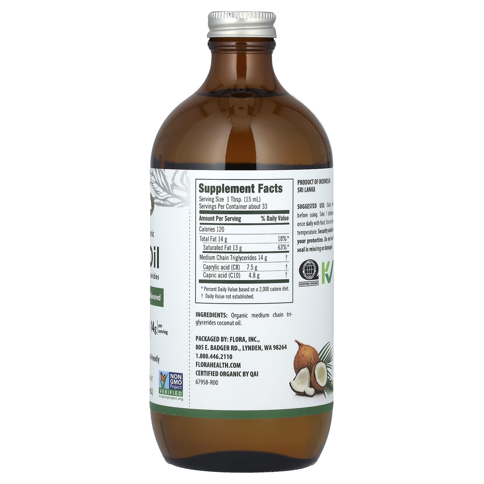 Flora, Certified Organic MCT Oil, Unflavored, 14 g, 17 fl oz (500 ml) - B084C3855Z