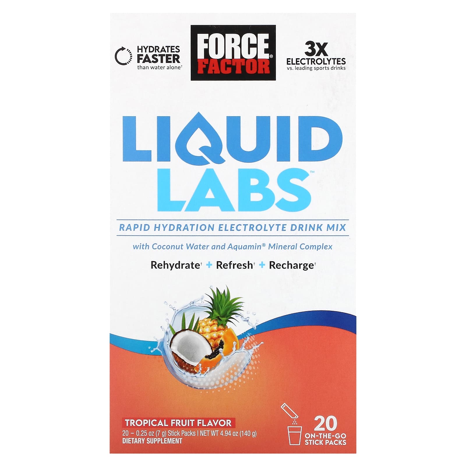 Force Factor, Liquid Labs™, Rapid Hydration Electrolyte Drink Mix, Tropical Fruit, 20 Stick Packs, 0.25 oz (7 g) Each - B0C2ZWFKTK