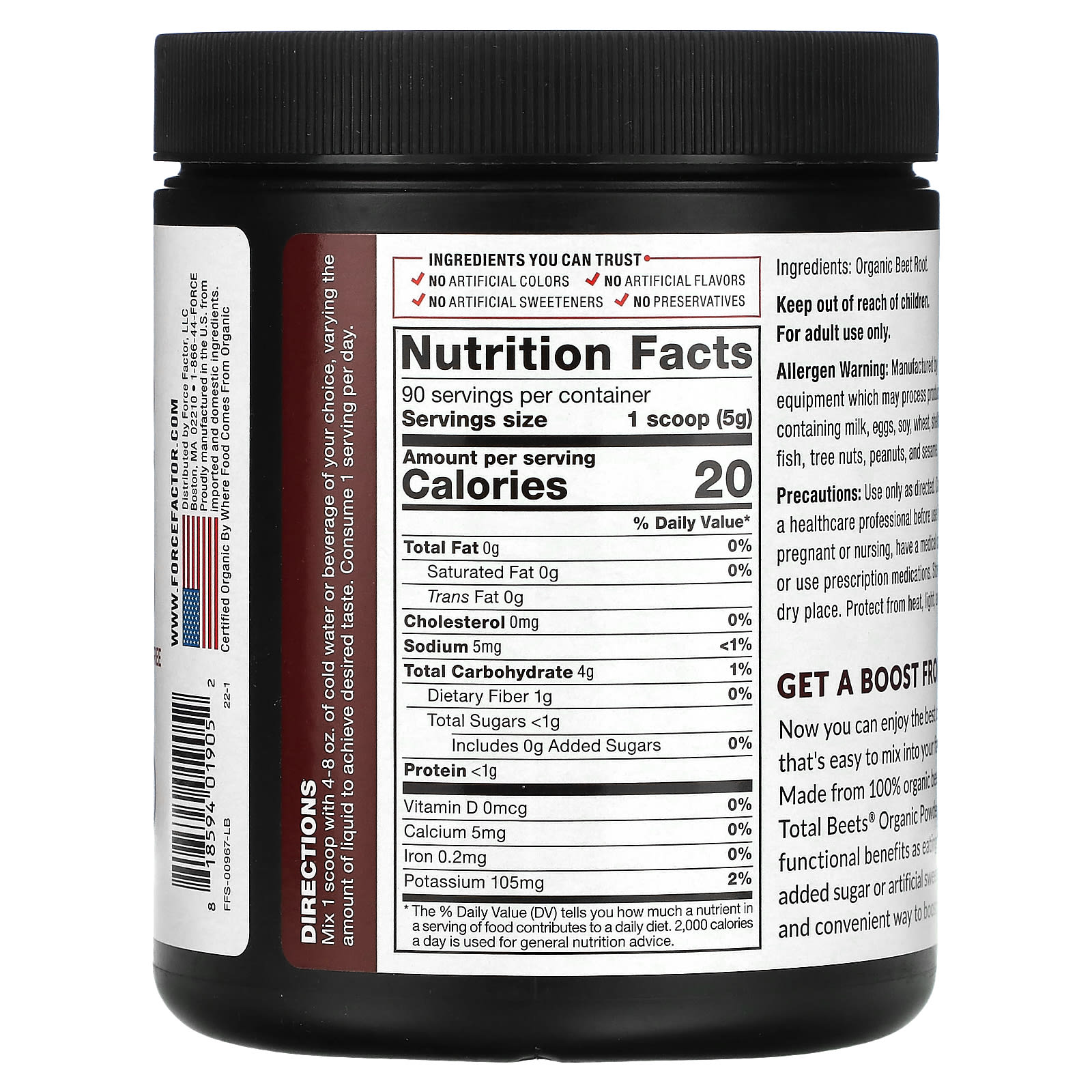 Force Factor, Total Beets, Organic Beetroot Powder, 15.9 oz (450 g) - B0BSJYW743
