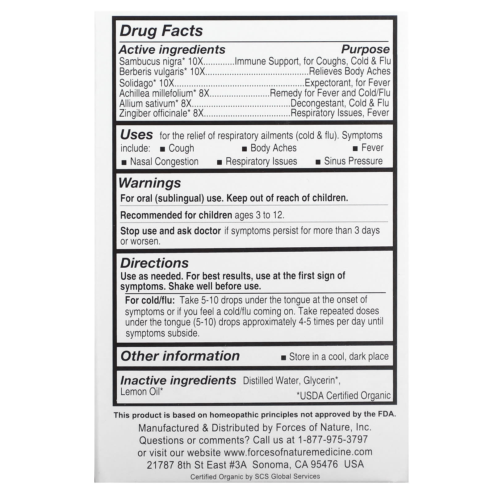 Forces of Nature, Organic Plant Medicine, Cold & Flu, For Kids Ages 3-12, Lemon, 0.34 fl oz (10 ml) - B07SVBY81P