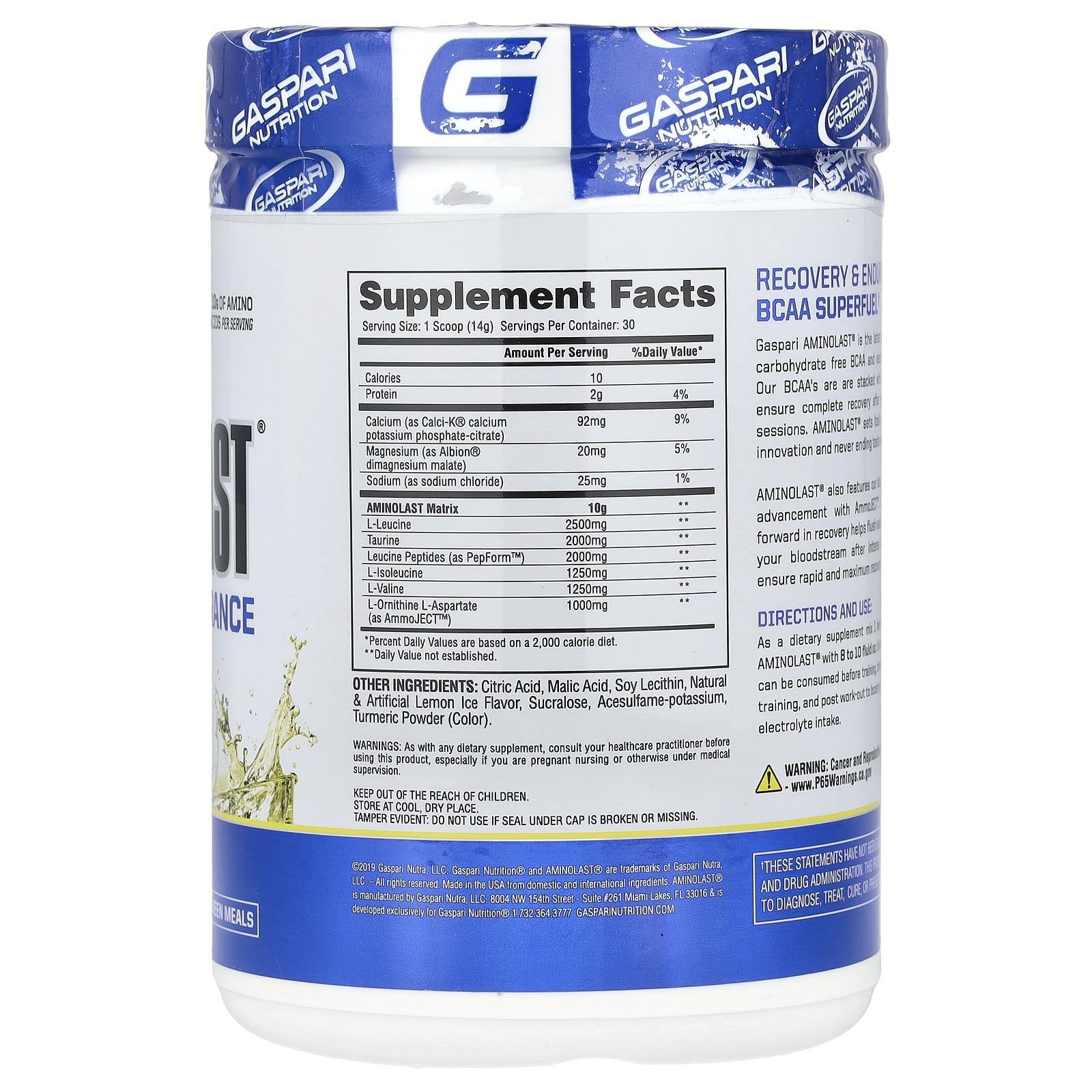 Gaspari Nutrition, Aminolast®, Recovery & Endurance BCAA Superfuel, Lemon Ice, 14.8 oz (420 g) - B008I548QG