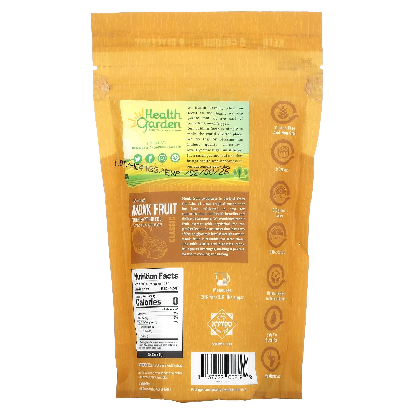 Health Garden, All-Natural Monk Fruit with Erythritol, Plant Based Sugar Alternative, Classic, 1 lb (454 g) - B0777KVGRY