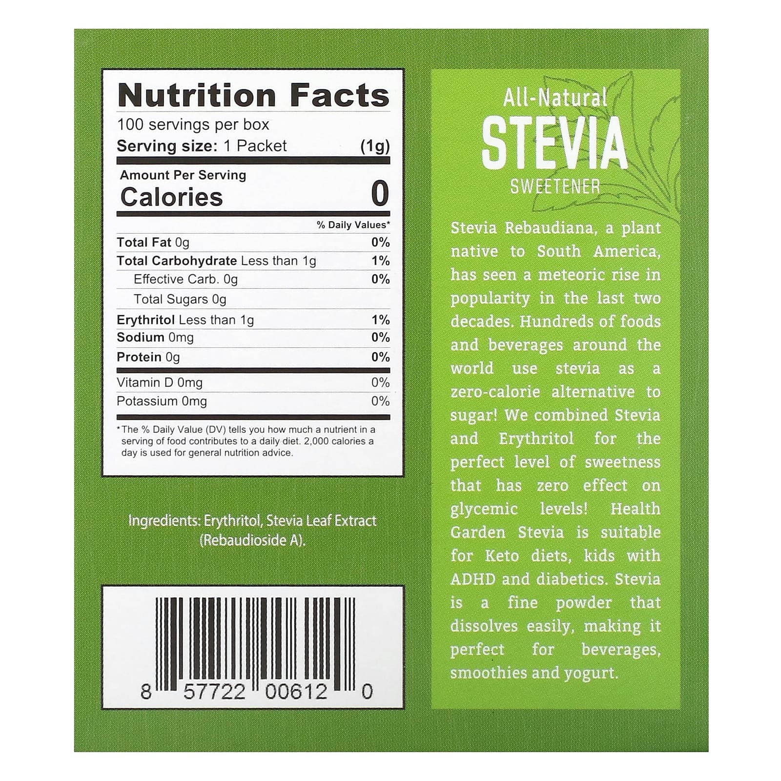 Health Garden, All-Natural Stevia Sweetener, 100 Packets, 1 g Each - B01M6CEFBE