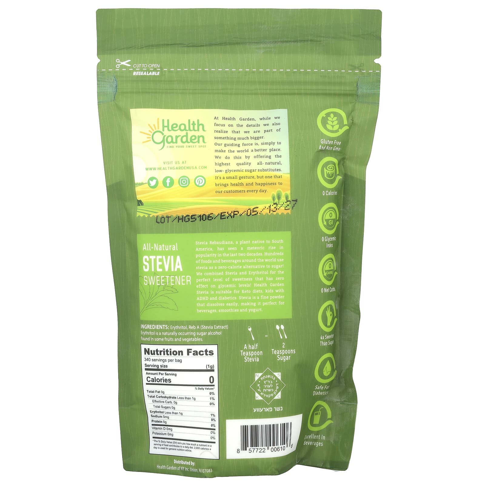 Health Garden, All-Natural Stevia Sweetener, 12 oz (341 g) - B0777VRL17