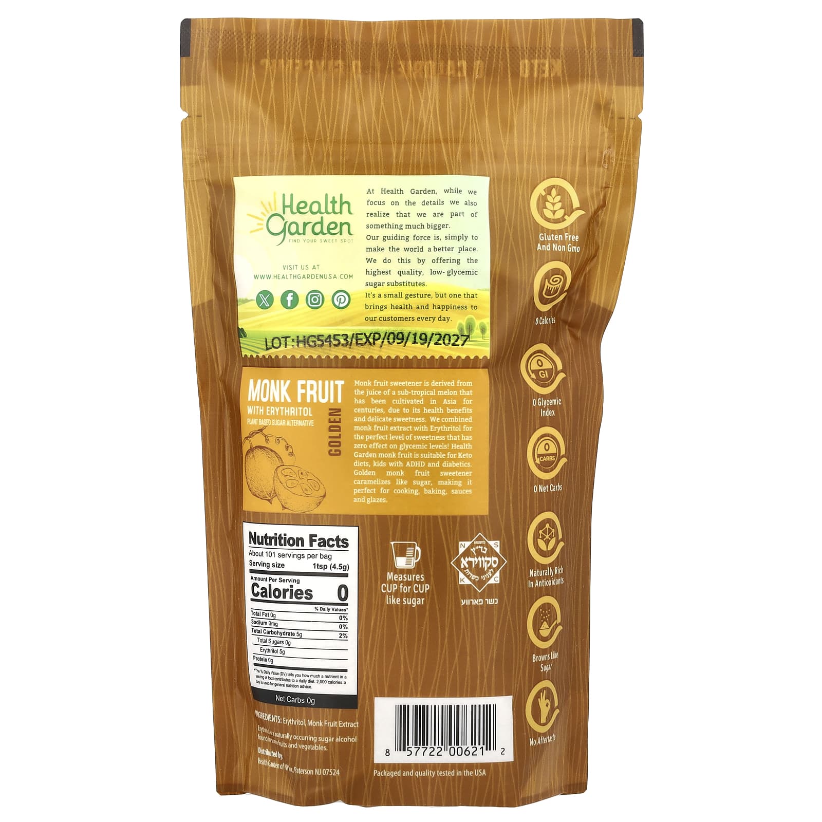 Health Garden, Monk Fruit With Erythritol, Gloden, 16 oz (454 g) - B0777KV89M