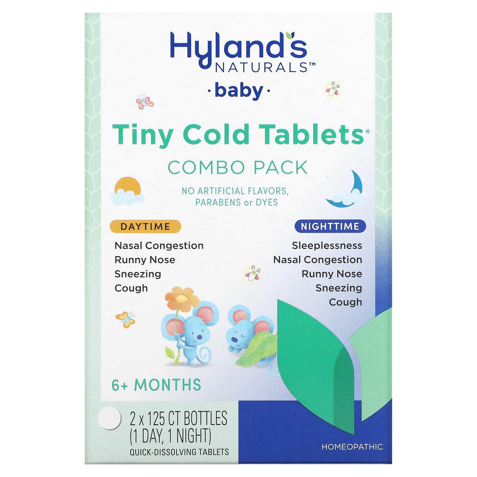Hyland's Naturals, Baby, Tiny Cold Tablets Combo Pack, Daytime/Nighttime, 6+ Months, 2 Bottles, 125 Quick-Dissolving Tablets Each - B0BN77H6JC